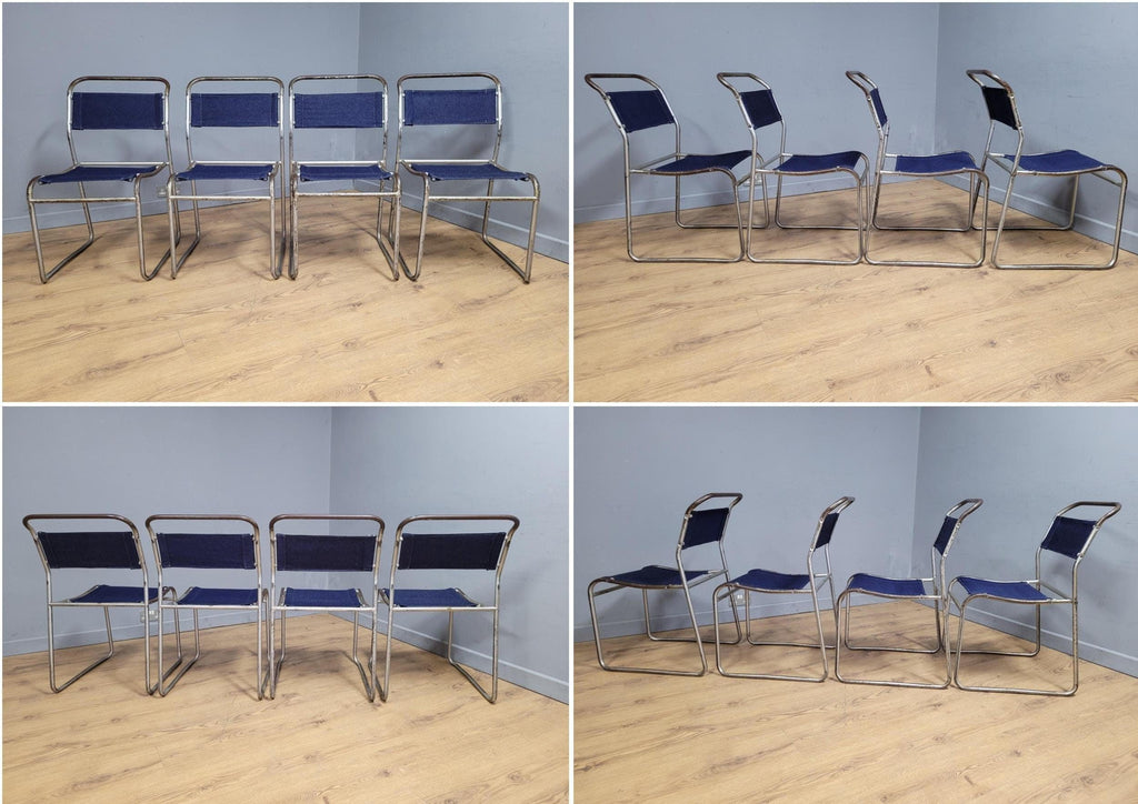 Four Mid Century Pel Cox Industrial Tubular Metal Stacking Chairs Denim Seats