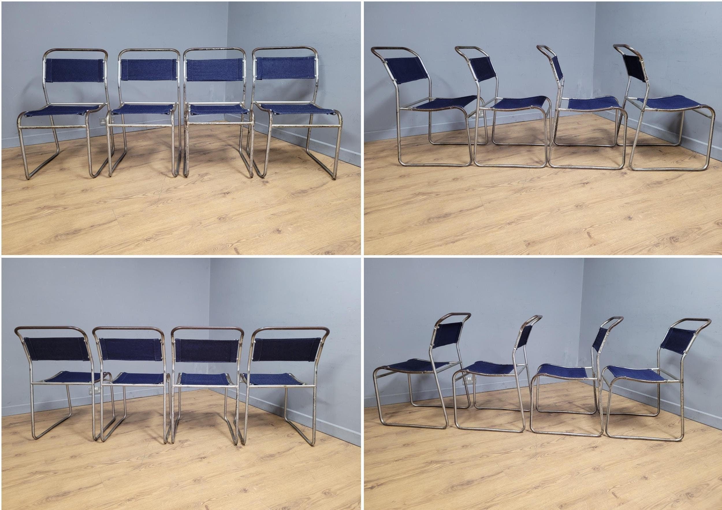Four Mid Century Pel Cox Industrial Tubular Metal Stacking Chairs Denim Seats