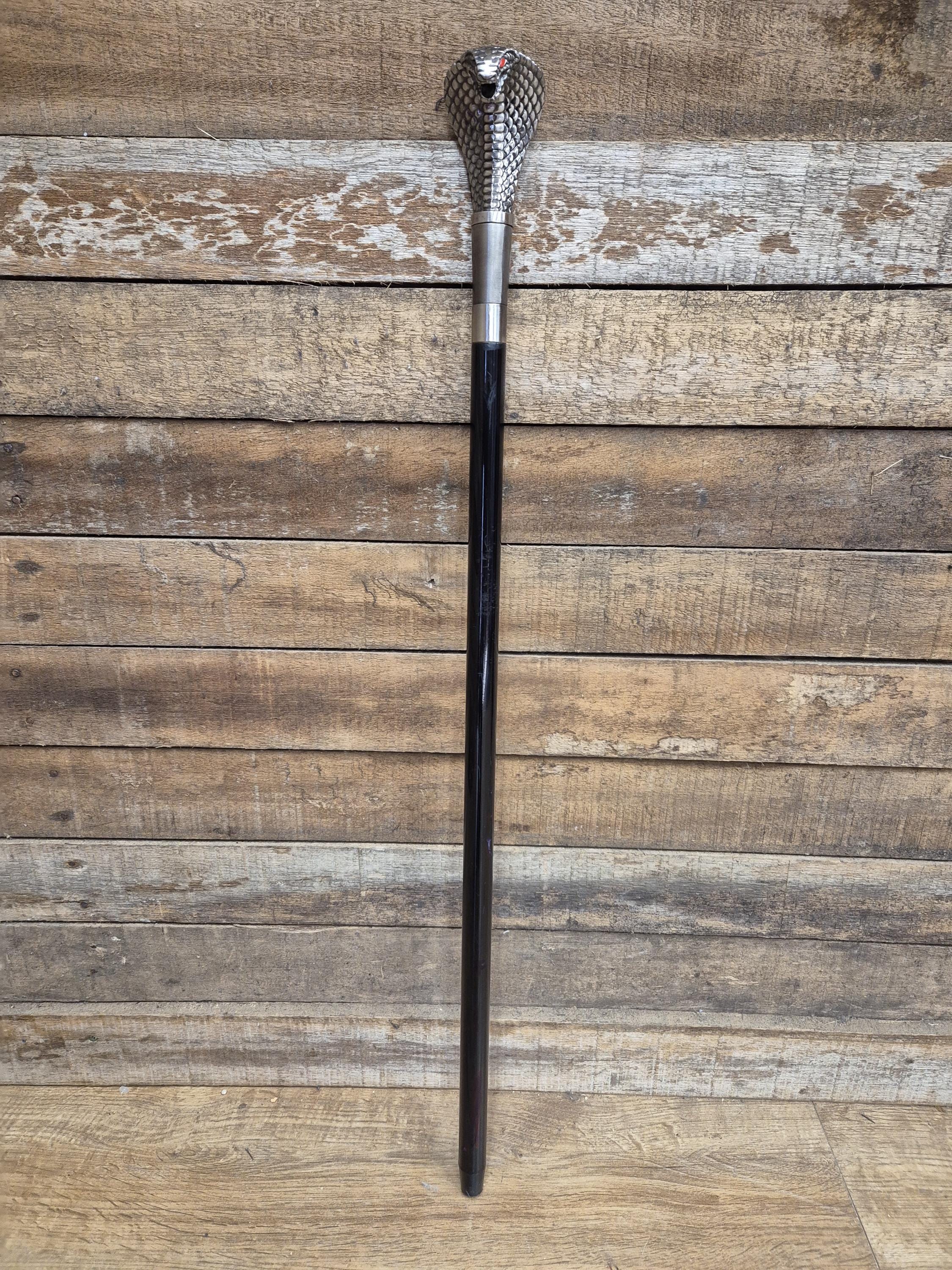 Vintage Cobra Head Walking Stick Black Shaft Silver Coloured Metal Cobra