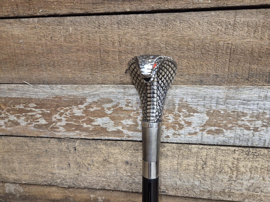 Vintage Cobra Head Walking Stick Black Shaft Silver Coloured Metal Cobra