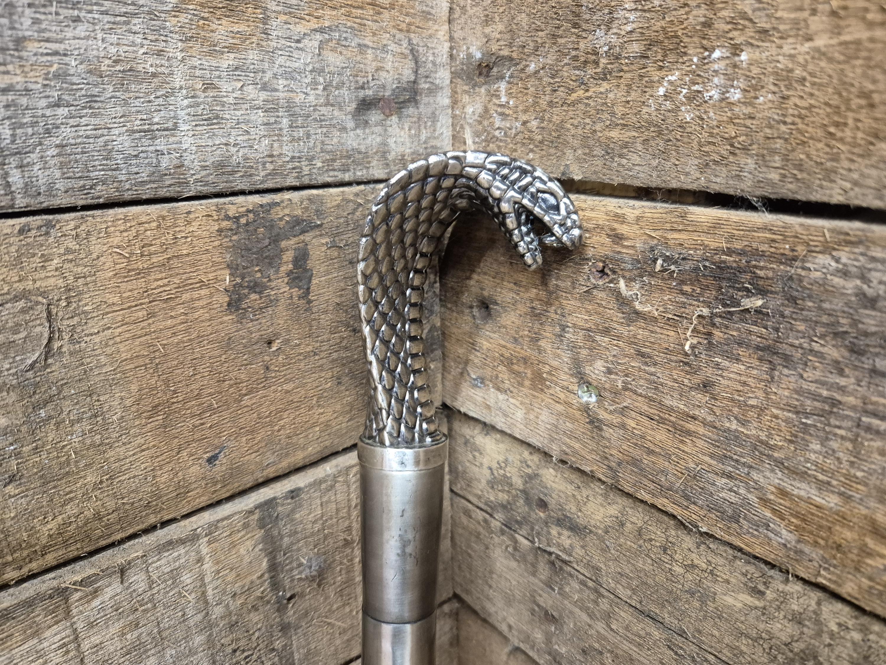 Vintage Cobra Head Walking Stick Black Shaft Silver Coloured Metal Cobra