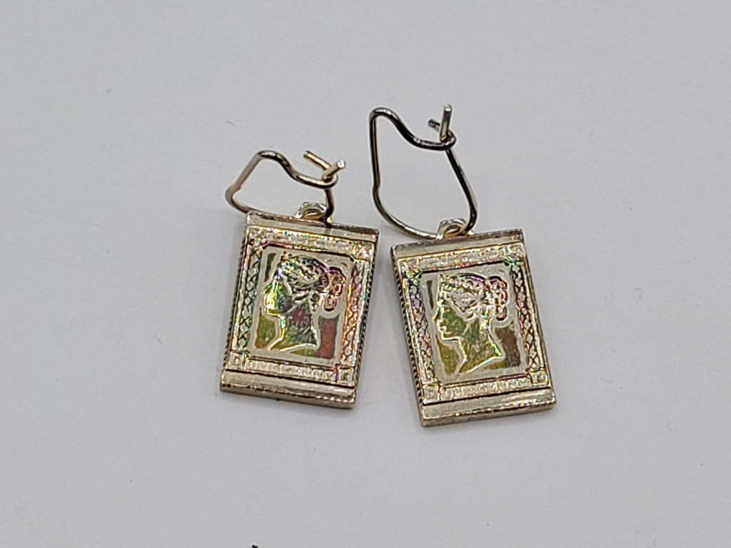 Vintage Sterling Silver Penny Black Stamp Designed Drop Earrings