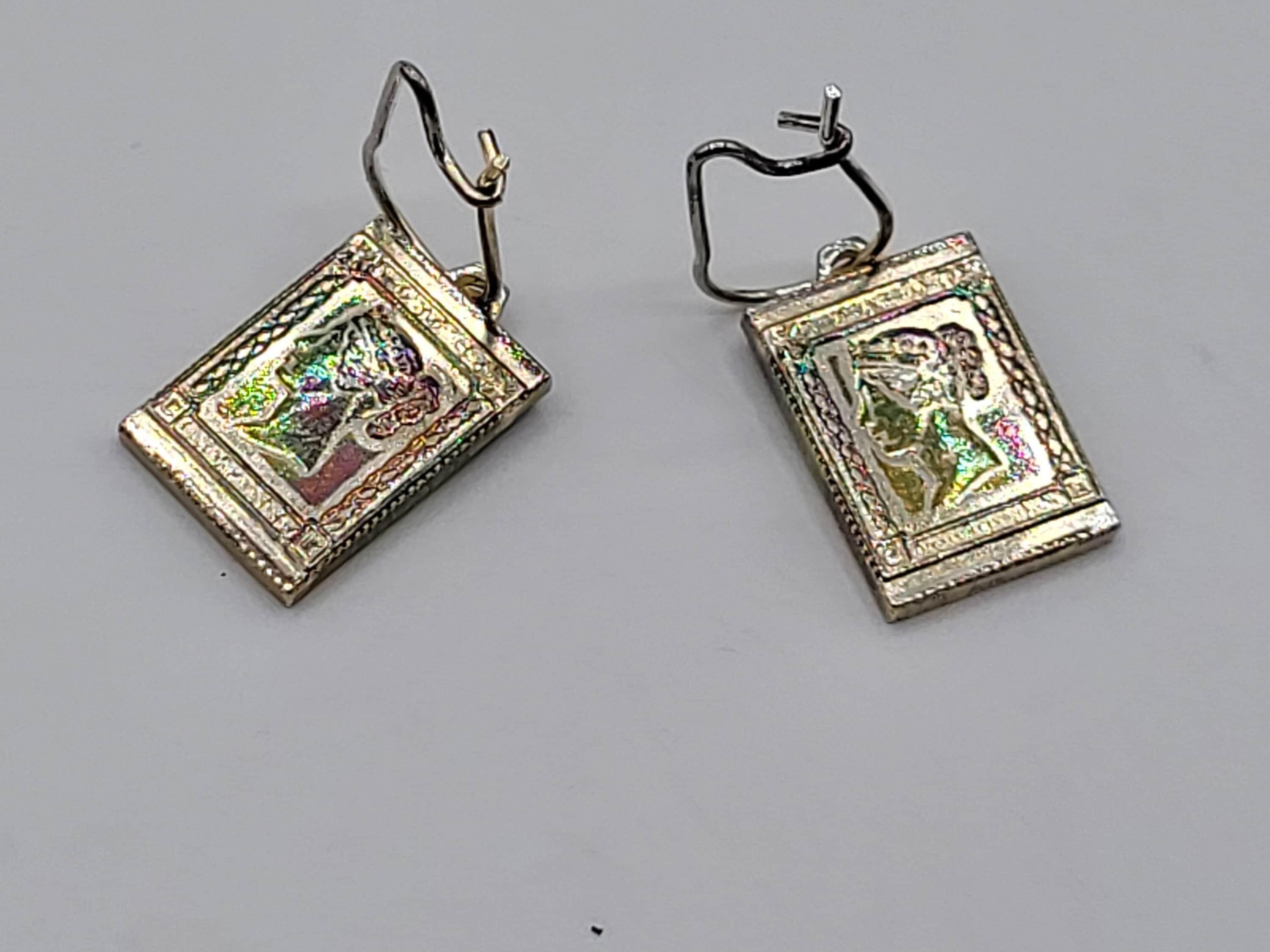 Vintage Sterling Silver Penny Black Stamp Designed Drop Earrings