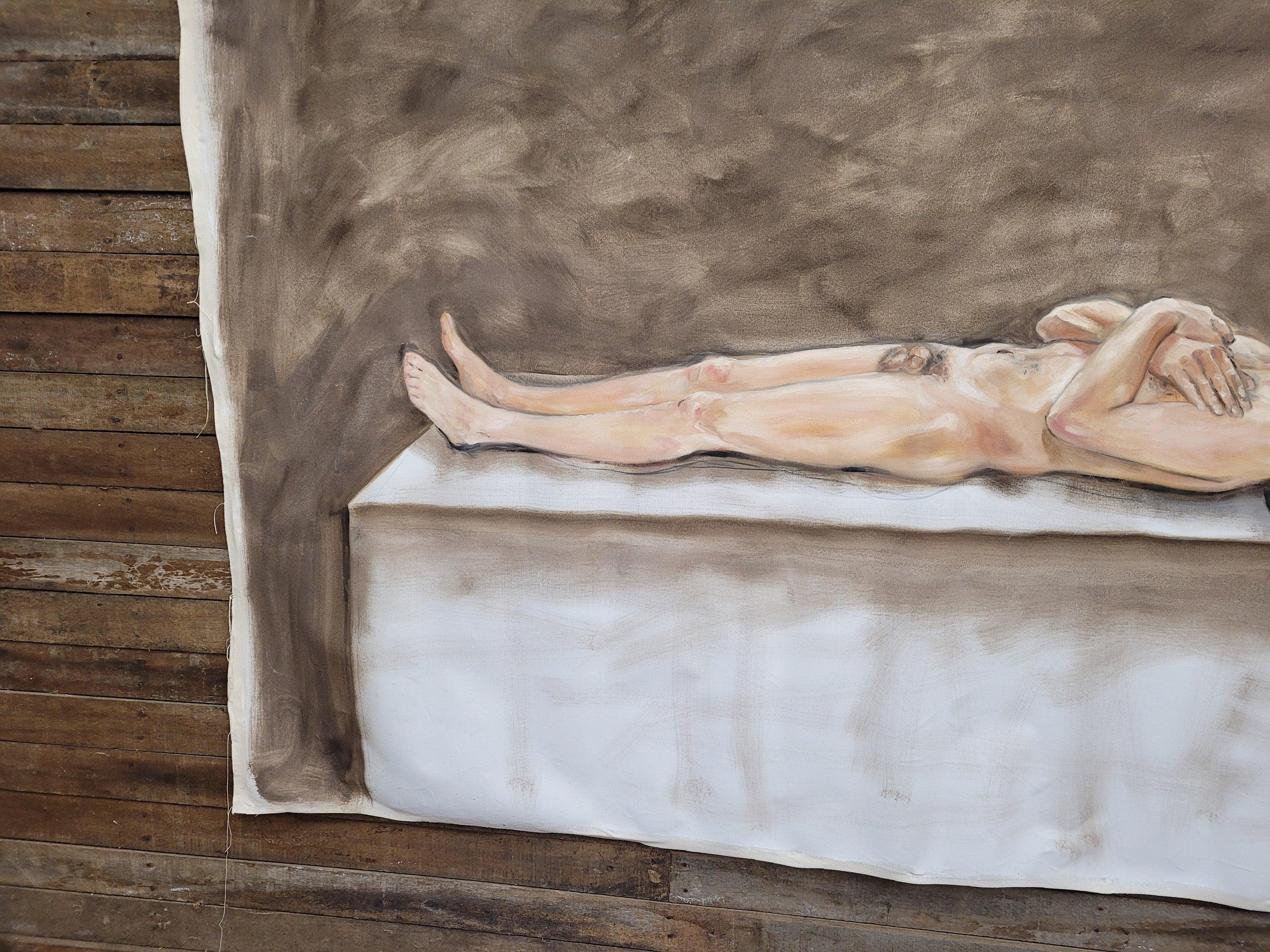Large 6x7.5ft Contemporary Oil Painting Male Nude on Bed Figurative Modern Art