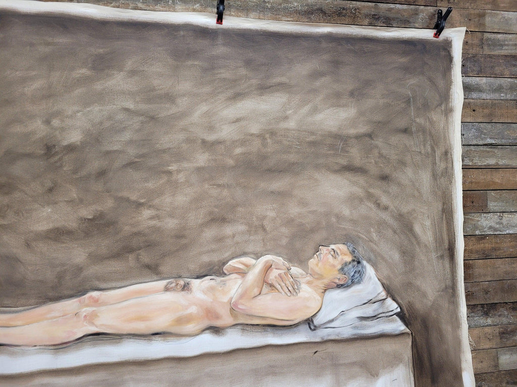 Large 6x7.5ft Contemporary Oil Painting Male Nude on Bed Figurative Modern Art
