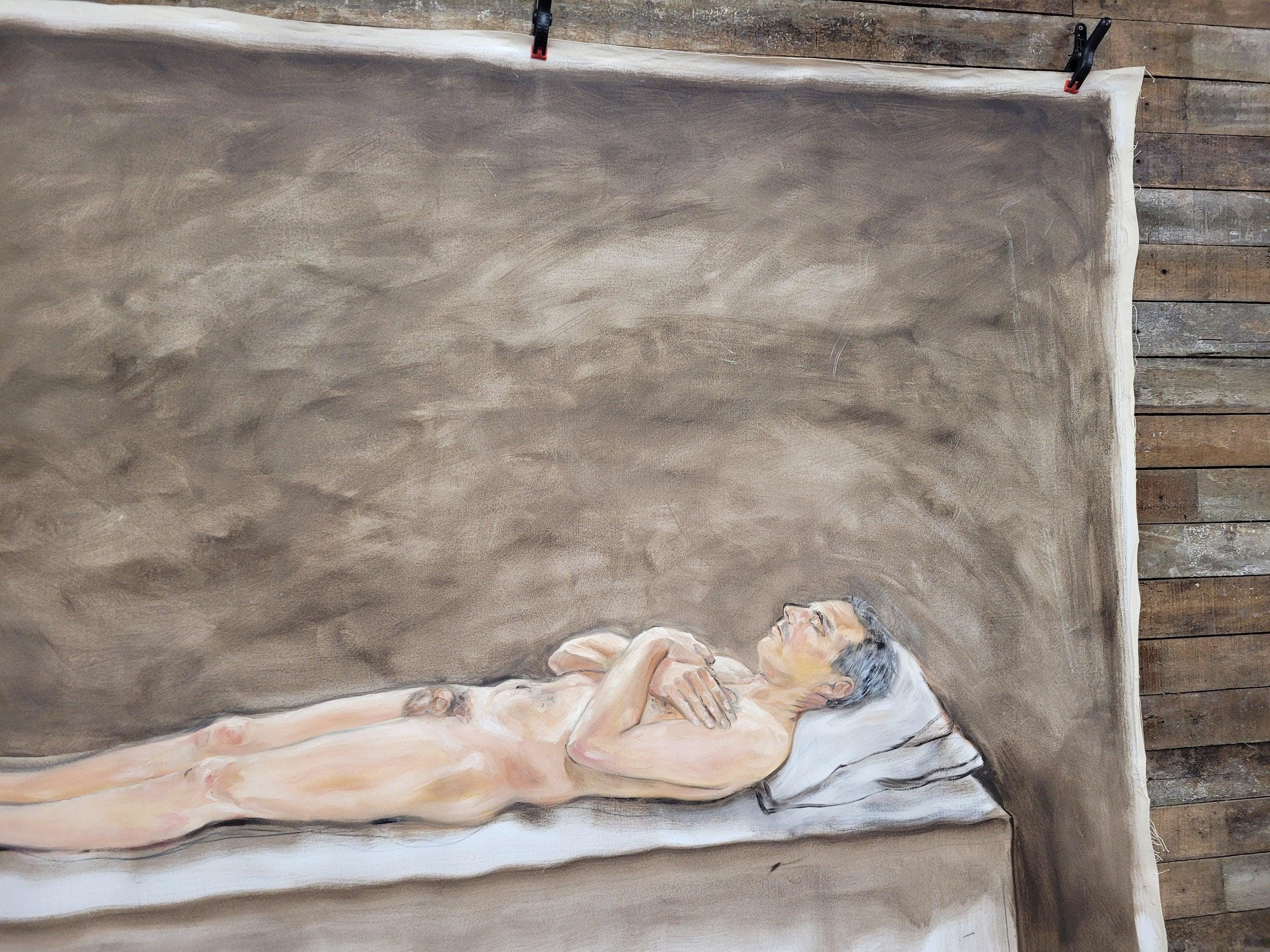 Large 6x7.5ft Contemporary Oil Painting Male Nude on Bed Figurative Modern Art