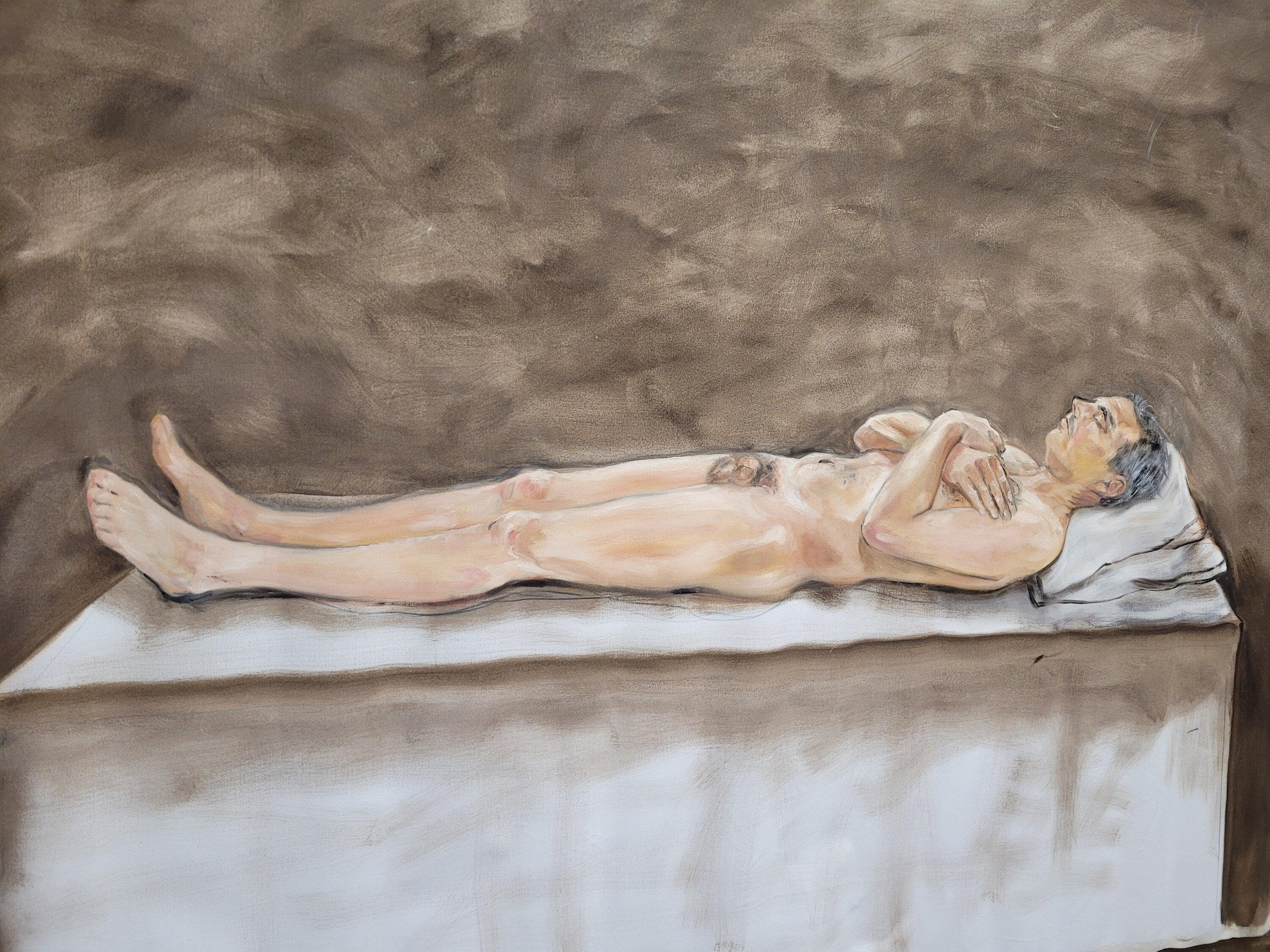 Large 6x7.5ft Contemporary Oil Painting Male Nude on Bed Figurative Modern Art