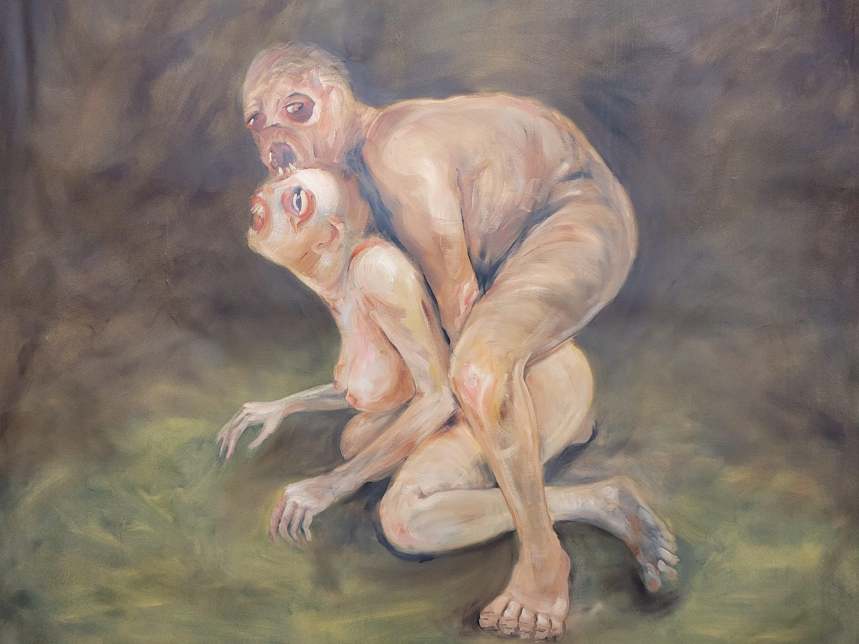 Large 6ft Surreal Oil Painting Grotesque Figures Modern Dark Expressionist Art