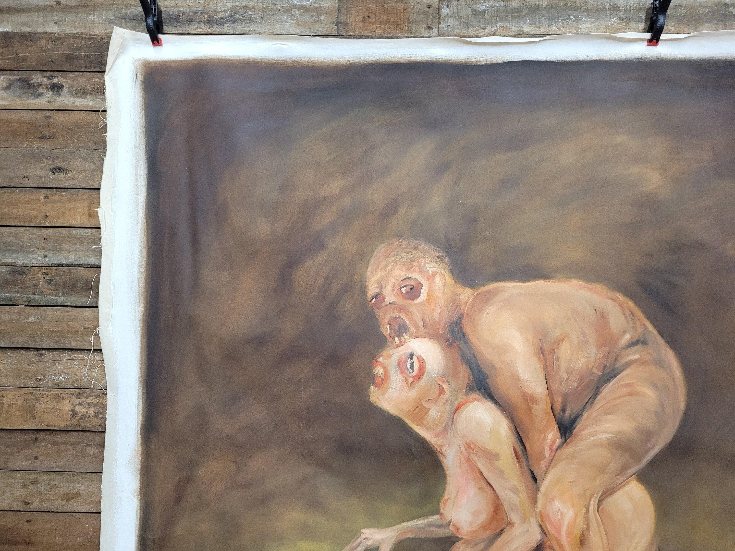 Large 6ft Surreal Oil Painting Grotesque Figures Modern Dark Expressionist Art