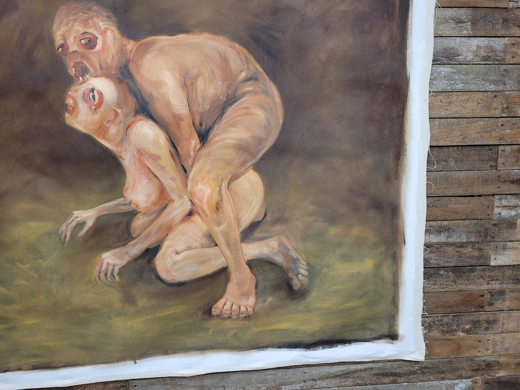 Large 6ft Surreal Oil Painting Grotesque Figures Modern Dark Expressionist Art