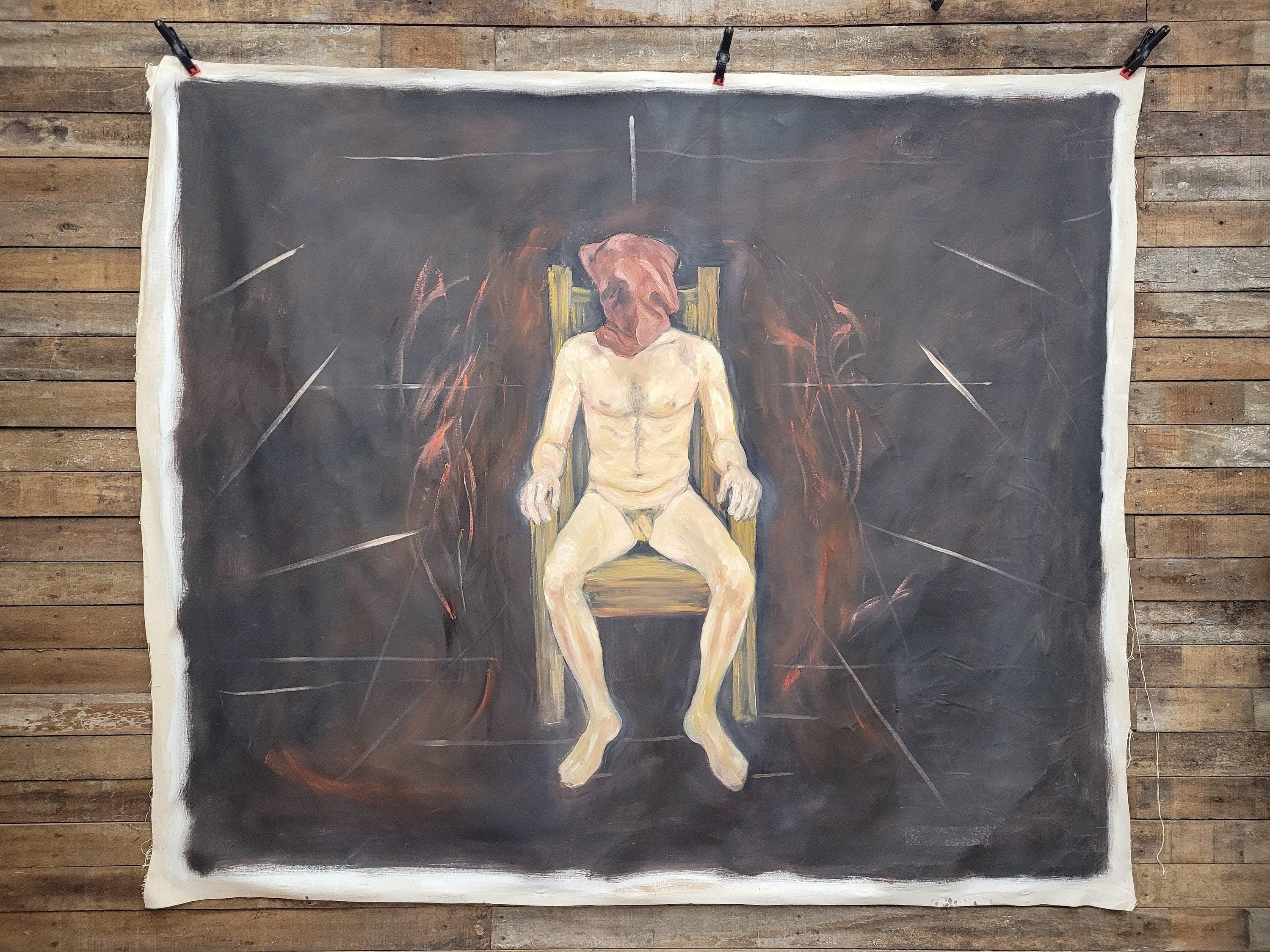 Large 6x7ft Surreal Oil Painting Nude Figure on Chair Modern Expressionist Art