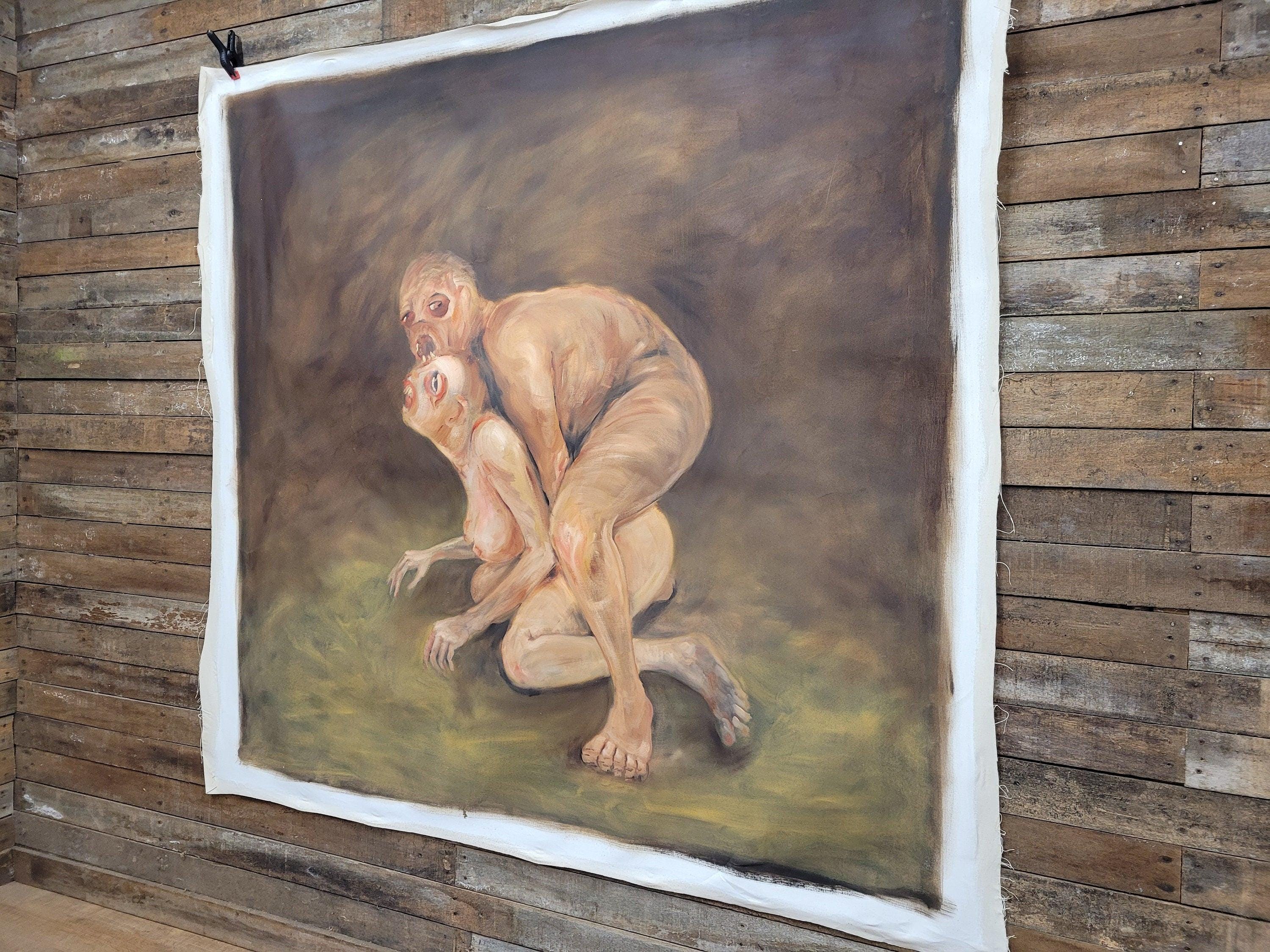 Large 6ft Surreal Oil Painting Grotesque Figures Modern Dark Expressionist Art