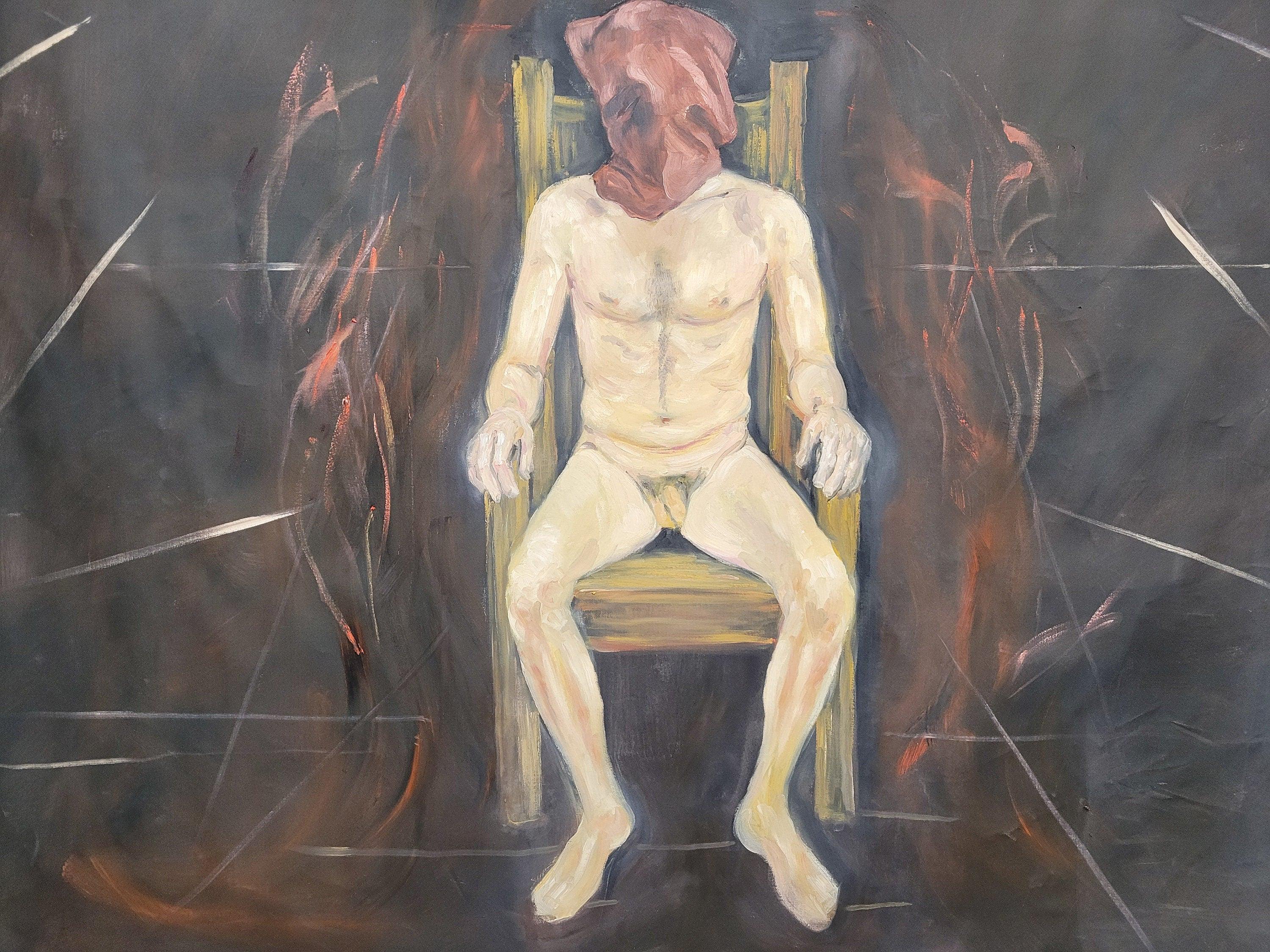 Large 6x7ft Surreal Oil Painting Nude Figure on Chair Modern Expressionist Art