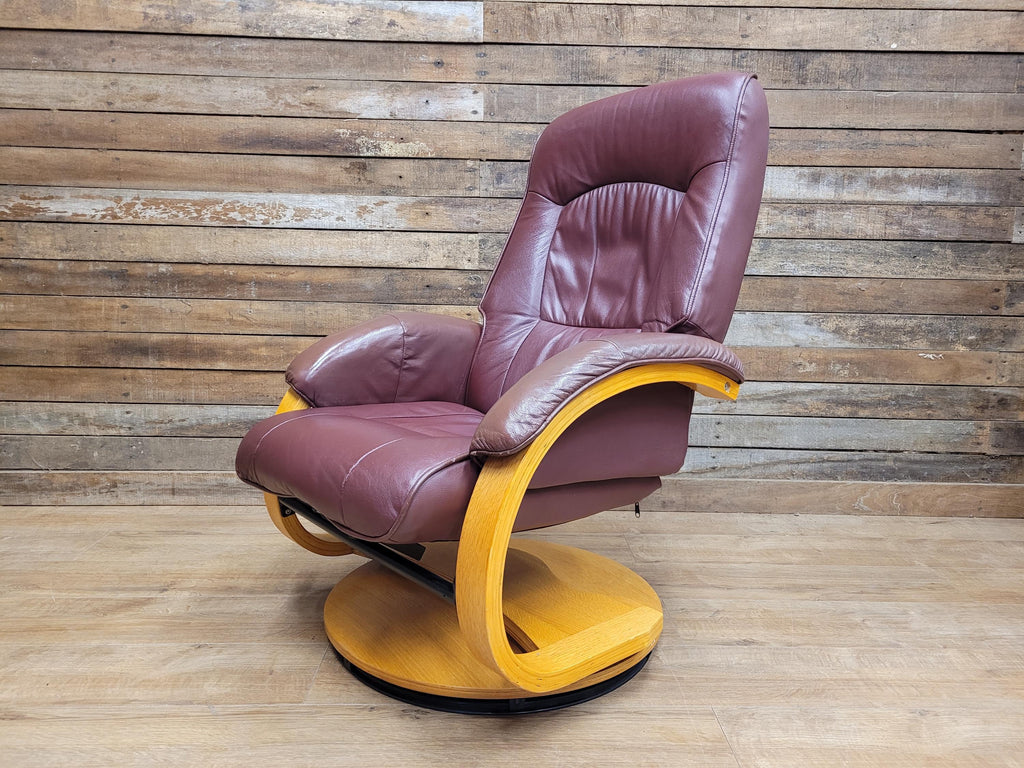 Vintage Burgundy Faux Leather Recliner Chair with Blonde Base Swivel & Recline