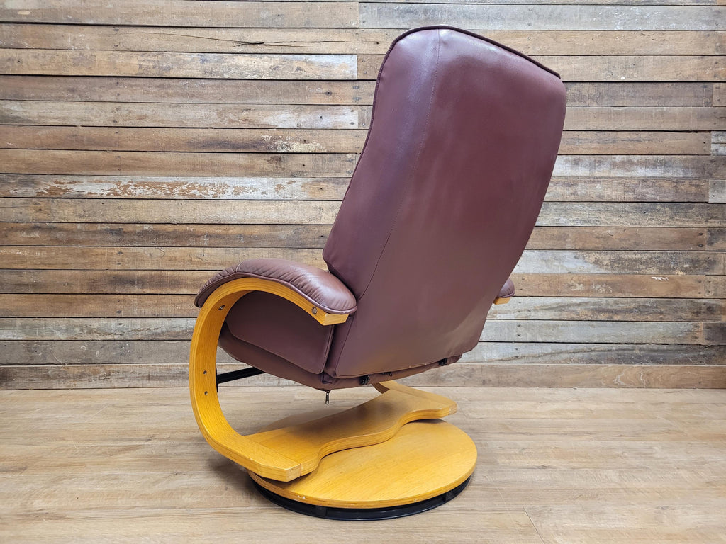 Vintage Burgundy Faux Leather Recliner Chair with Blonde Base Swivel & Recline