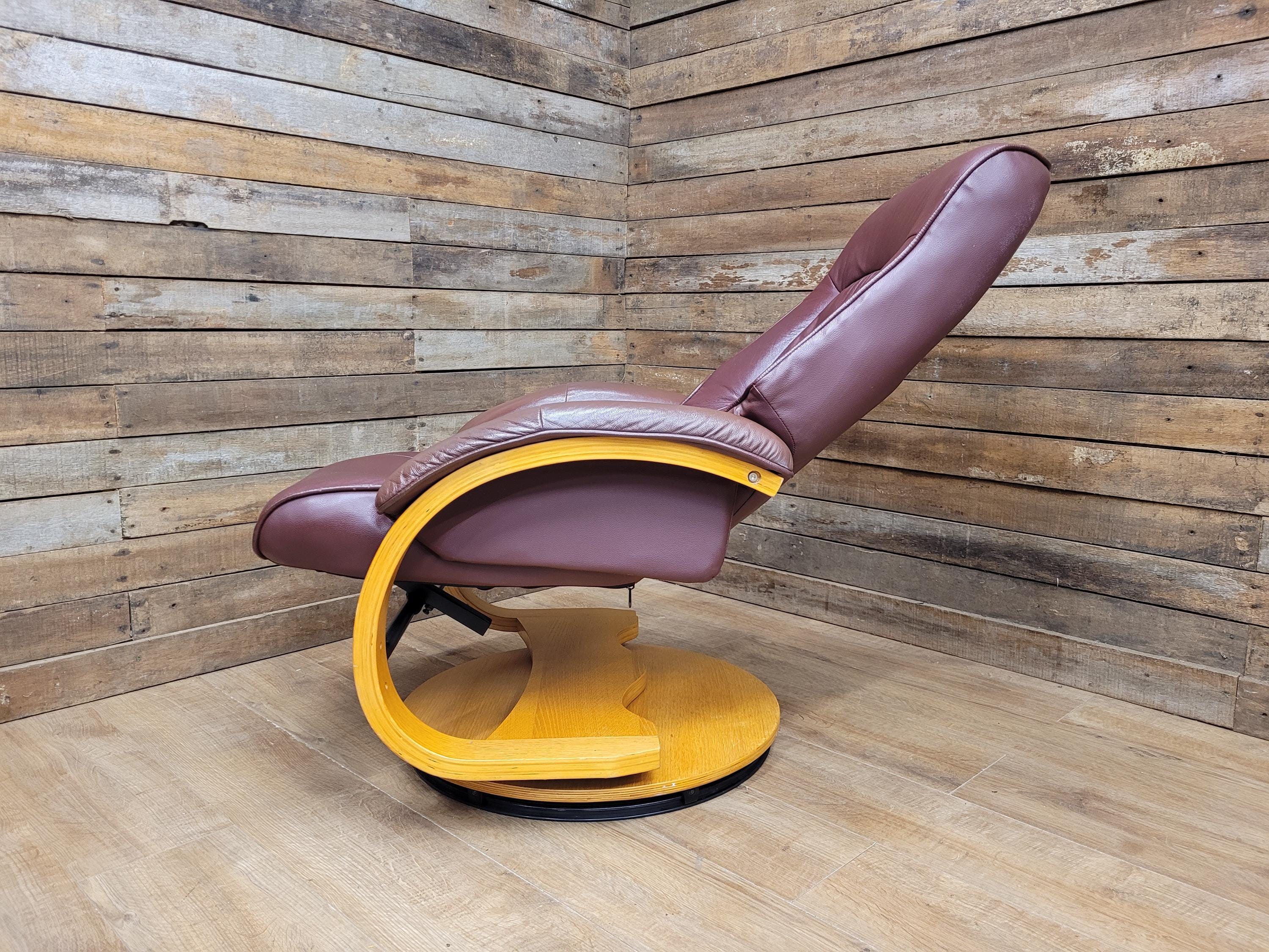 Vintage Burgundy Faux Leather Recliner Chair with Blonde Base Swivel & Recline