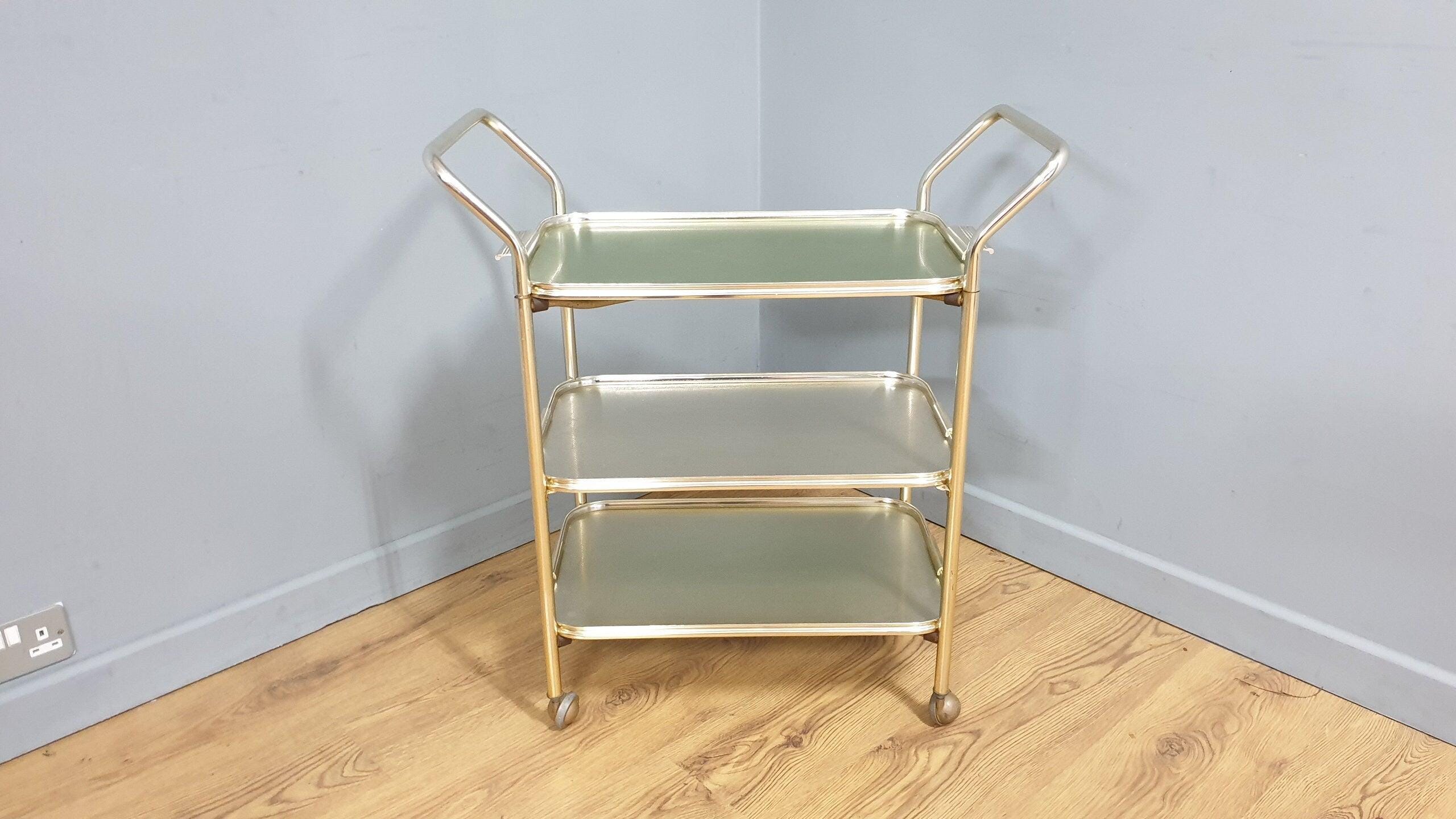 Mid Century Three Tier Retro Drinks Cocktail Trolley Removable Trays Foldable