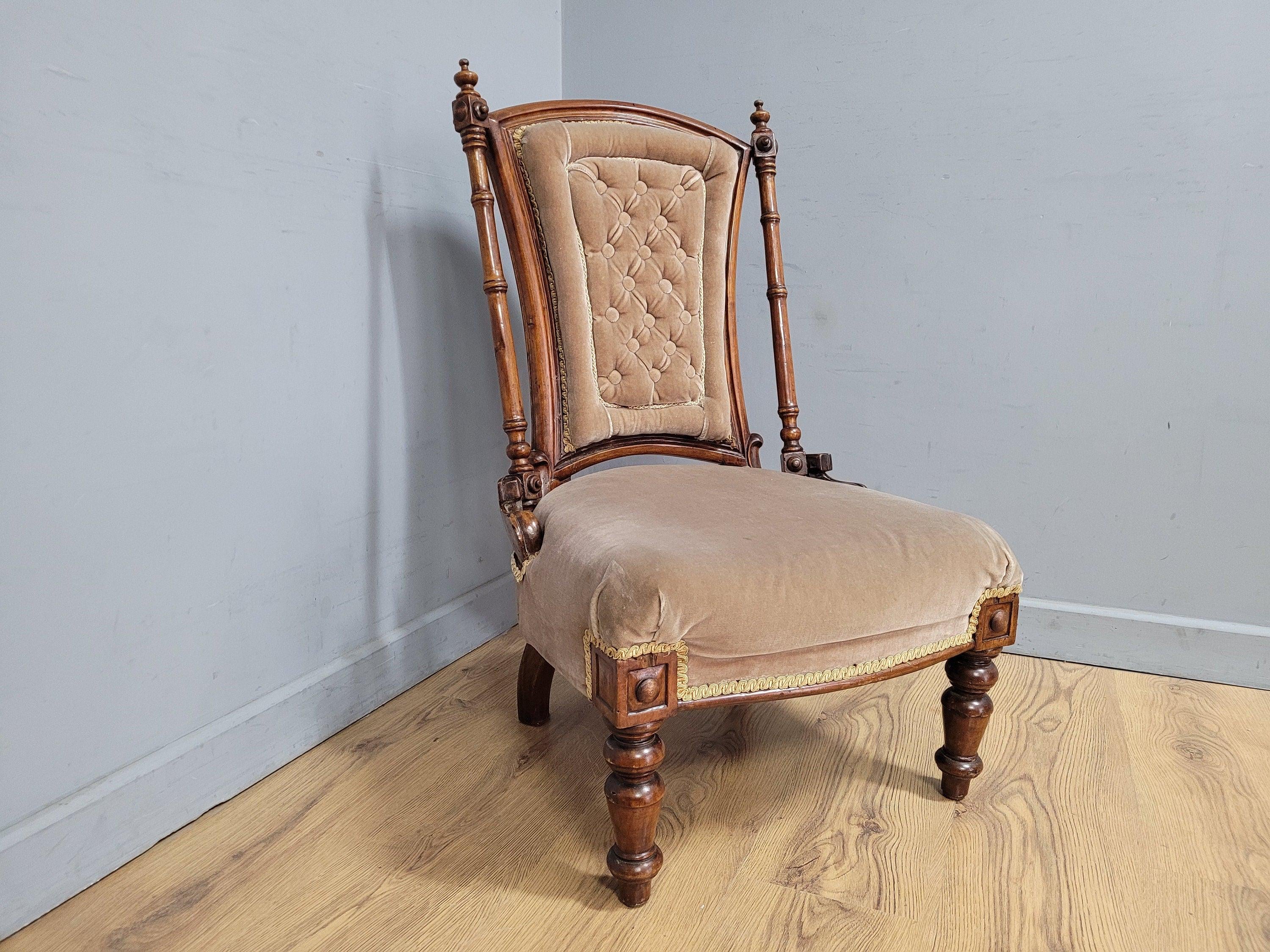 Antique Victorian Mahogany Buttoned Back Nursing Chair Carved Detail