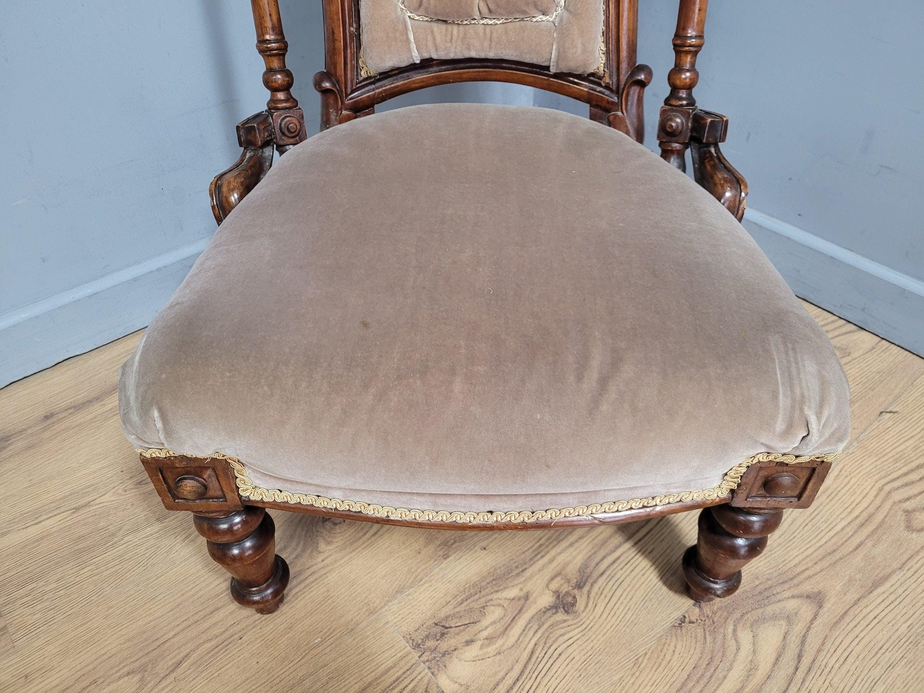 Antique Victorian Mahogany Buttoned Back Nursing Chair Carved Detail