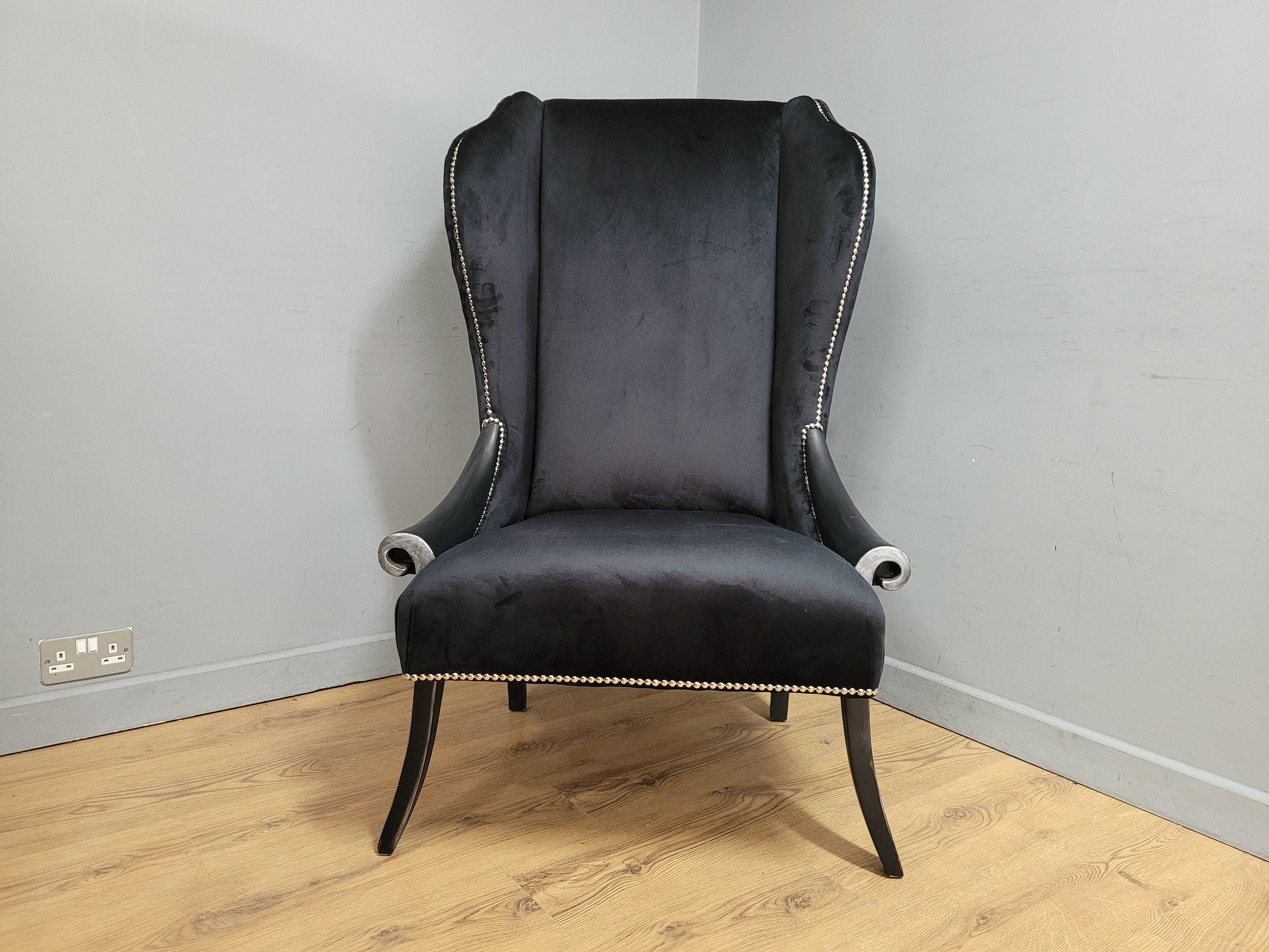 Stylish Upholstered Black Velvet Wingback Armchair Scrolled Arms Chrome Studs