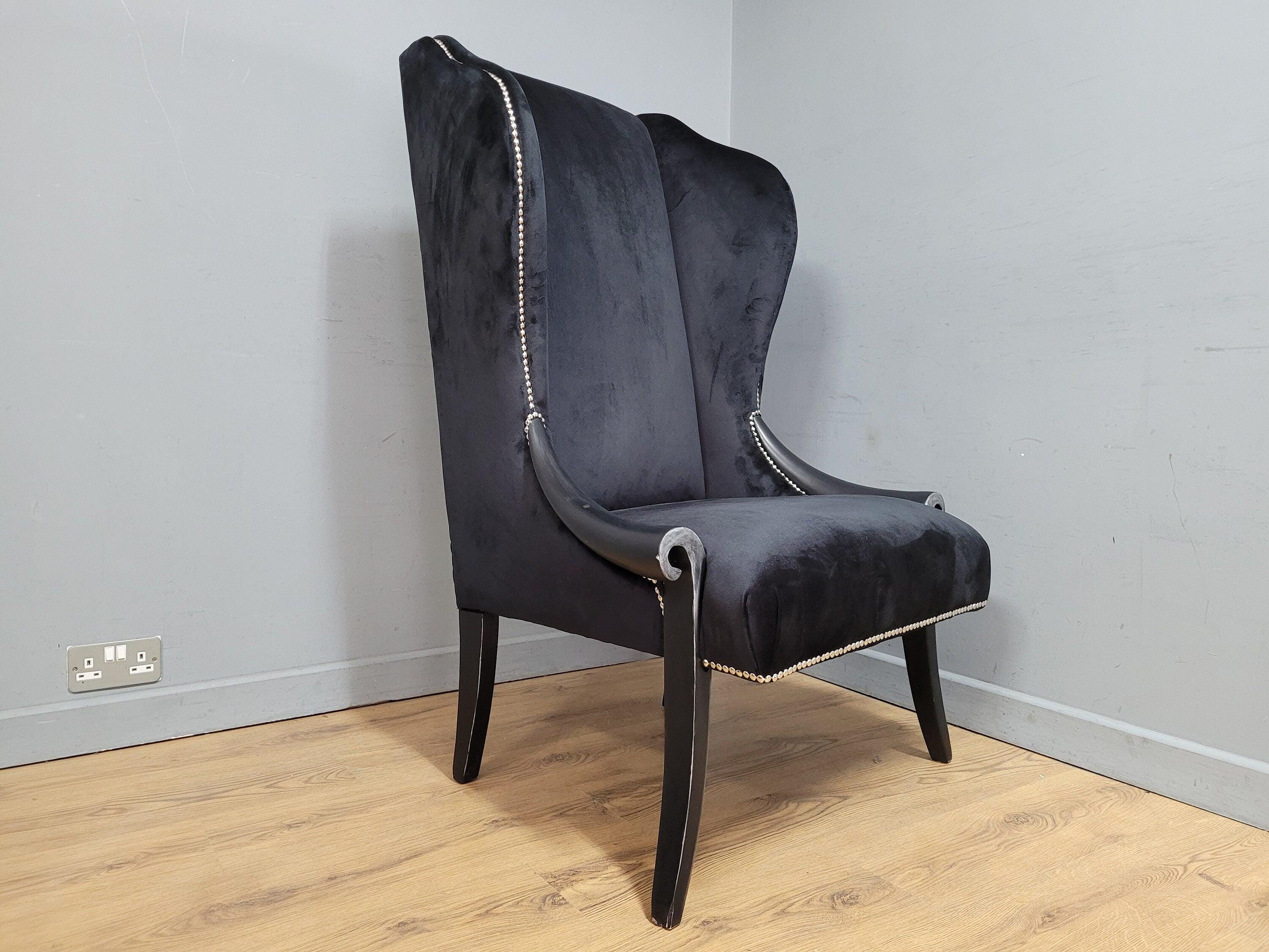 Stylish Upholstered Black Velvet Wingback Armchair Scrolled Arms Chrome Studs