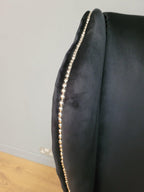 Stylish Upholstered Black Velvet Wingback Armchair Scrolled Arms Chrome Studs