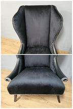 Stylish Upholstered Black Velvet Wingback Armchair Scrolled Arms Chrome Studs