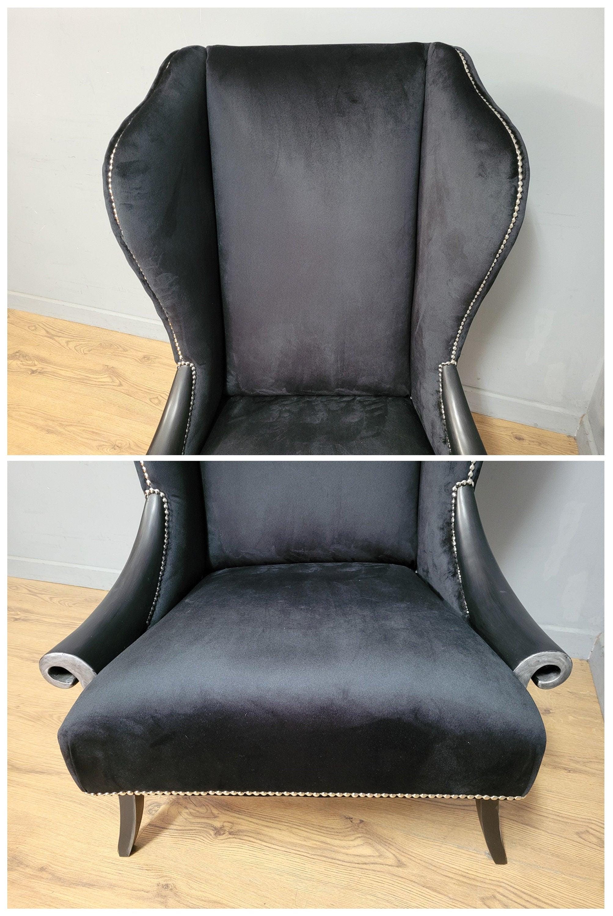 Stylish Upholstered Black Velvet Wingback Armchair Scrolled Arms Chrome Studs