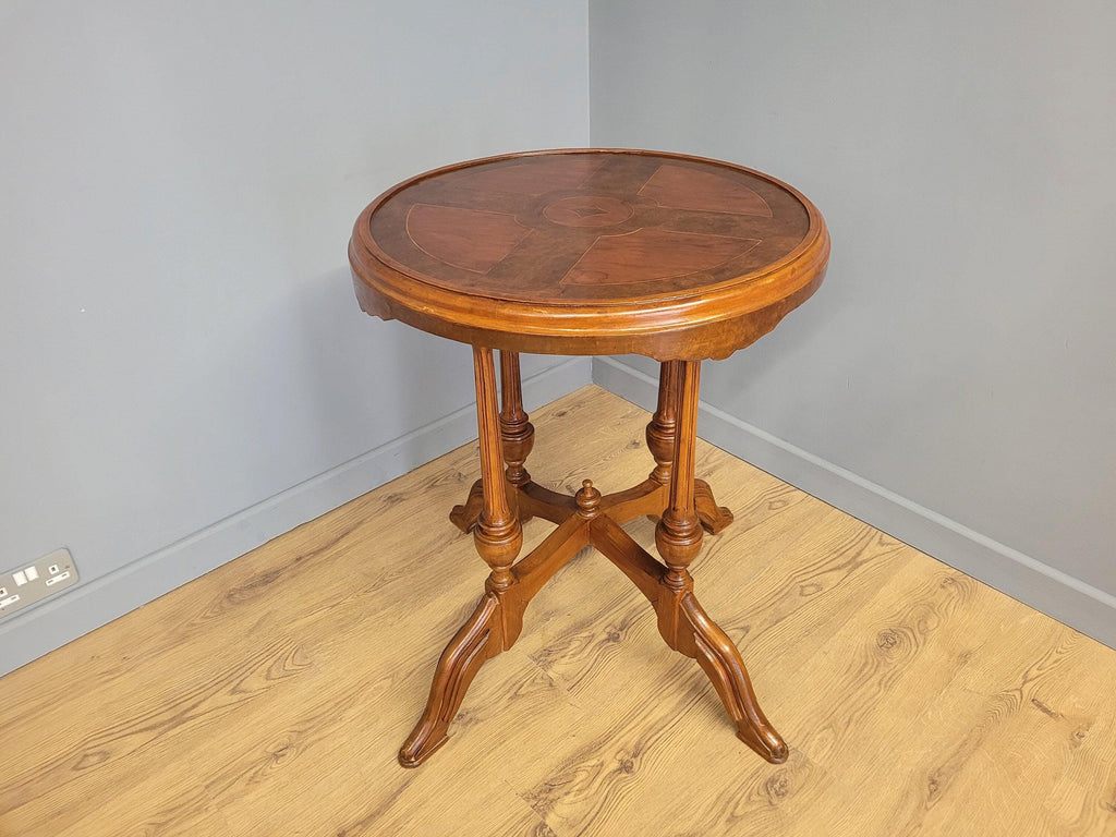 Vintage Inlaid Burr Walnut Occasional Table Turned Fluted Legs Finial Detail