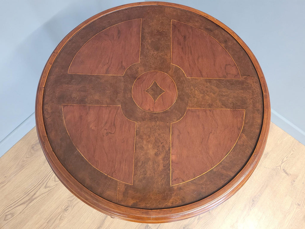 Vintage Inlaid Burr Walnut Occasional Table Turned Fluted Legs Finial Detail