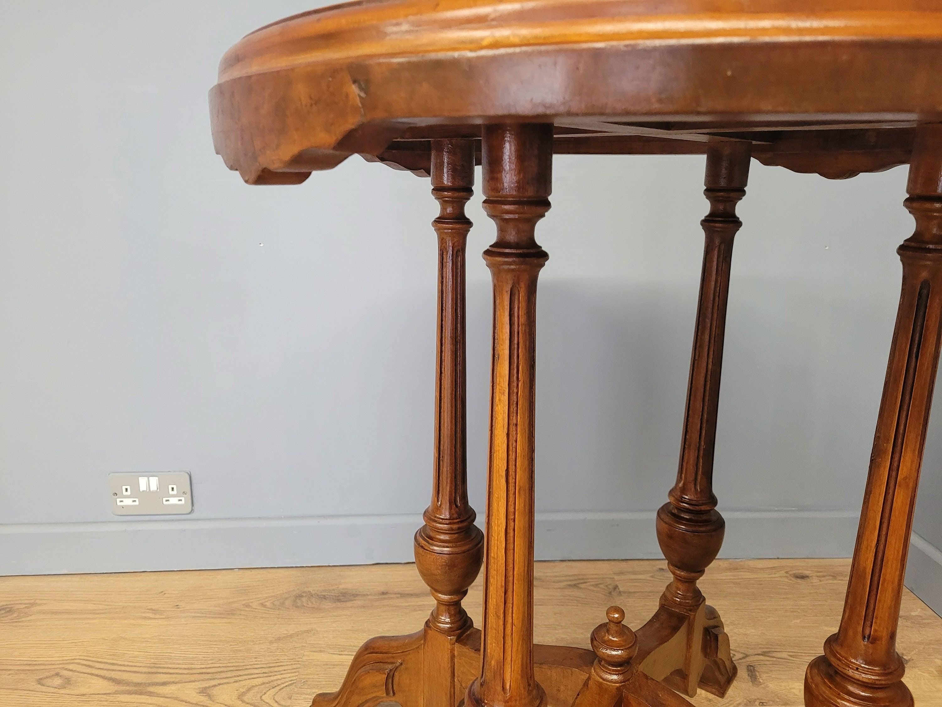 Vintage Inlaid Burr Walnut Occasional Table Turned Fluted Legs Finial Detail