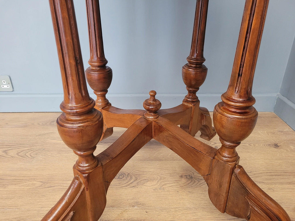 Vintage Inlaid Burr Walnut Occasional Table Turned Fluted Legs Finial Detail