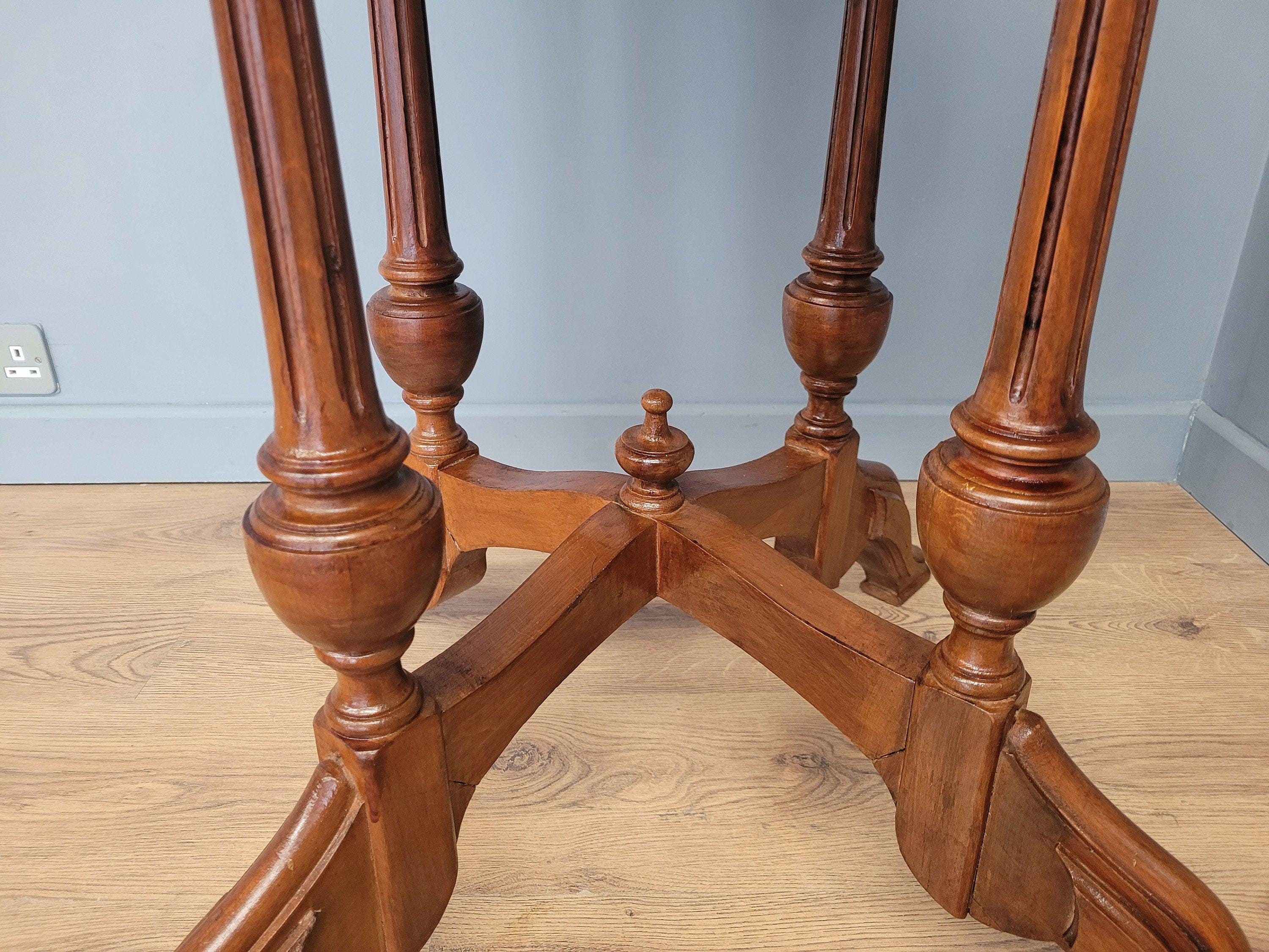 Vintage Inlaid Burr Walnut Occasional Table Turned Fluted Legs Finial Detail