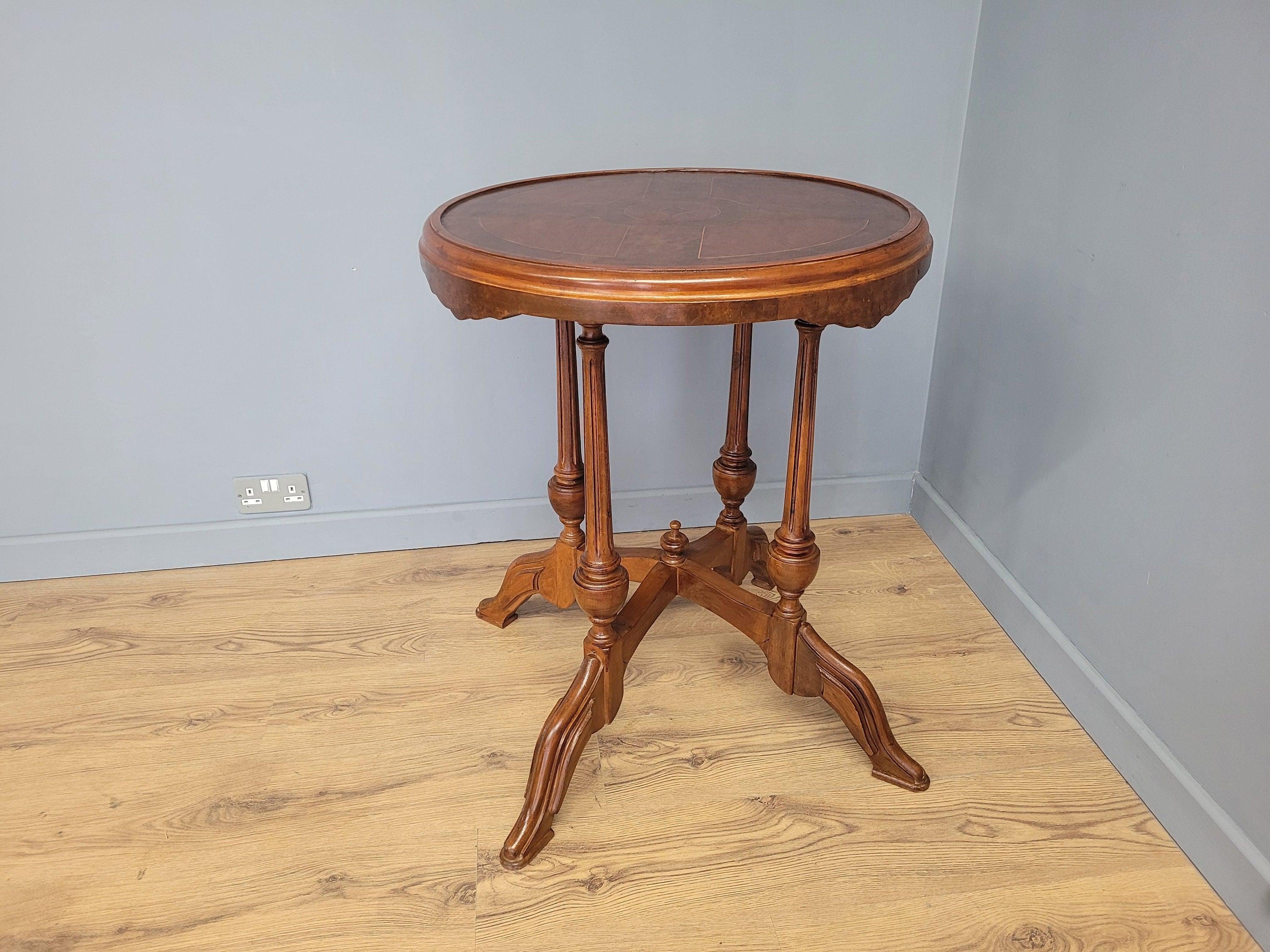 Vintage Inlaid Burr Walnut Occasional Table Turned Fluted Legs Finial Detail