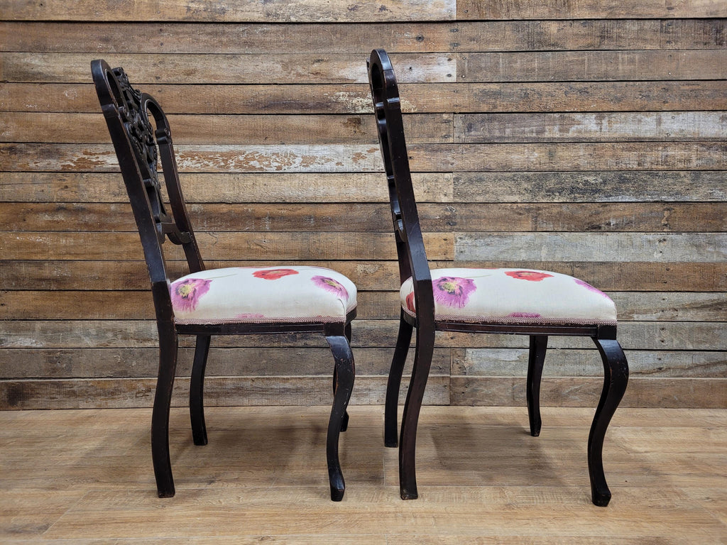 Two Antique Mahogany Victorian bedroom Chairs Carved Fret Back Cabriole Legs