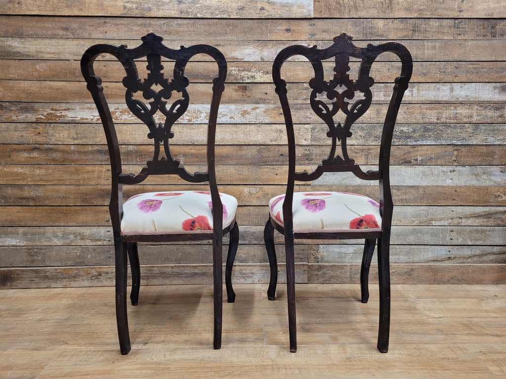Two Antique Mahogany Victorian bedroom Chairs Carved Fret Back Cabriole Legs