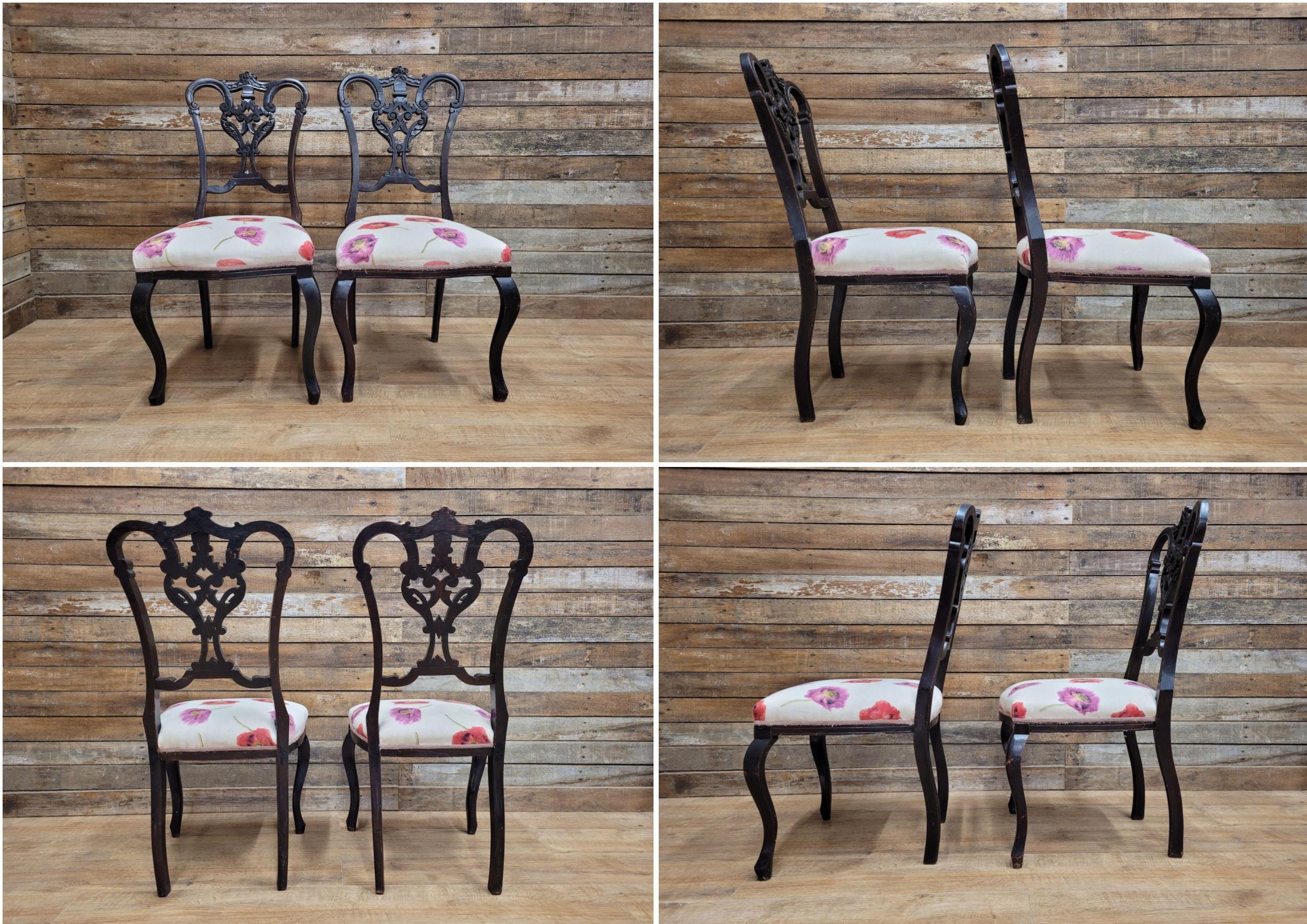 Two Antique Mahogany Victorian bedroom Chairs Carved Fret Back Cabriole Legs