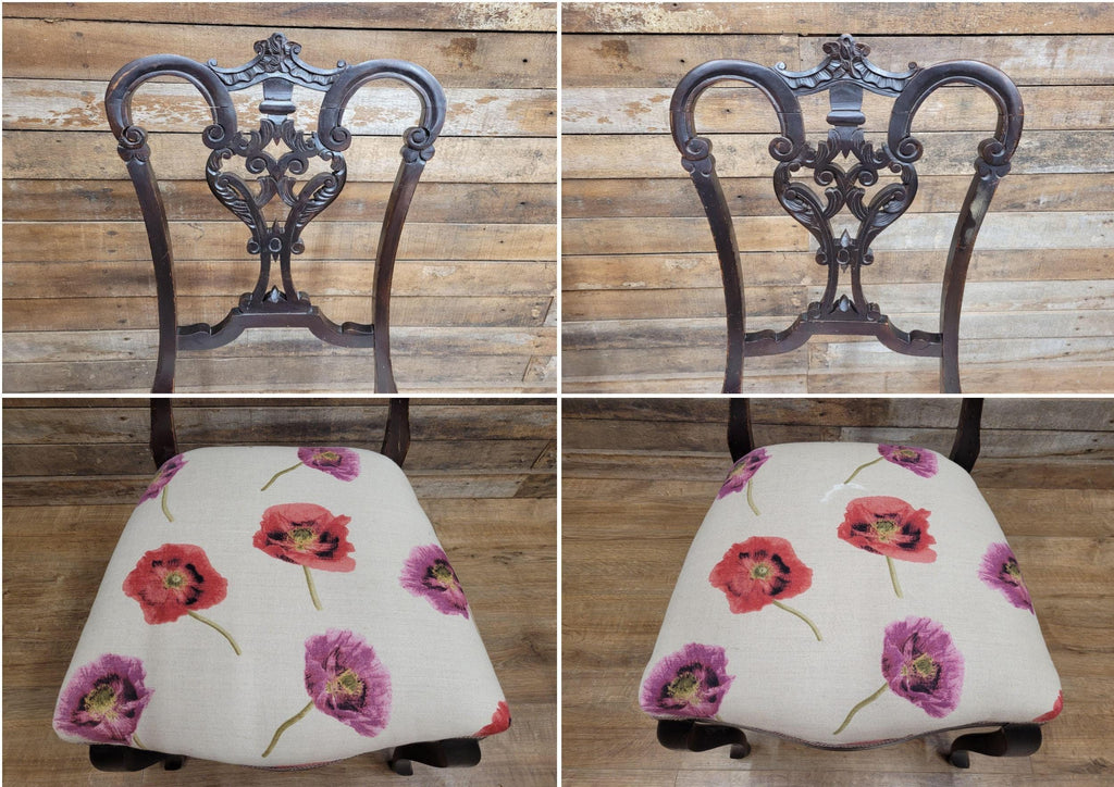 Two Antique Mahogany Victorian bedroom Chairs Carved Fret Back Cabriole Legs