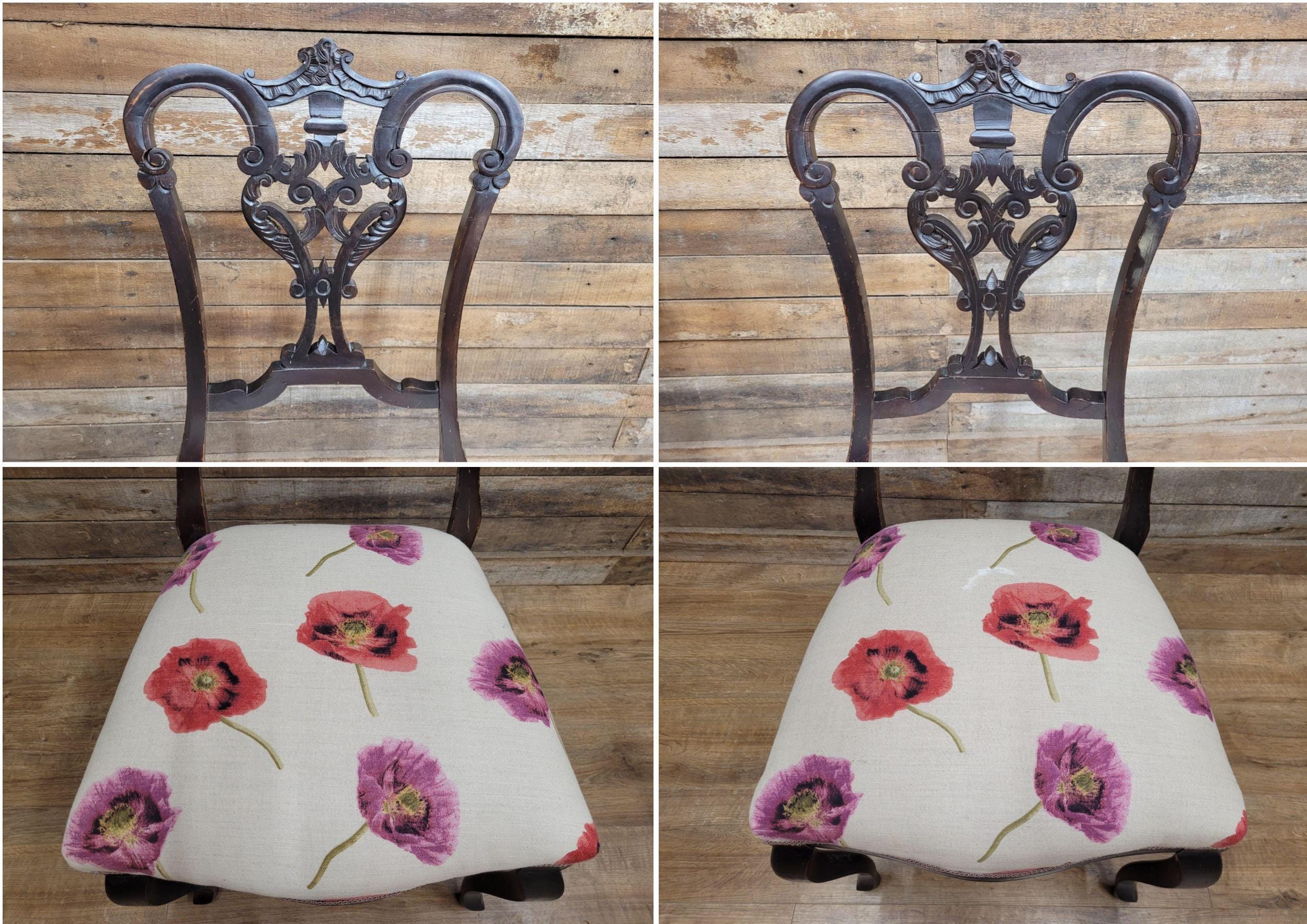 Two Antique Mahogany Victorian bedroom Chairs Carved Fret Back Cabriole Legs