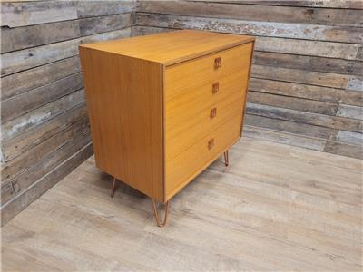 Mid Century Teak G Plan Form Five Chest Of Four Drawers Copper Hairpin Legs