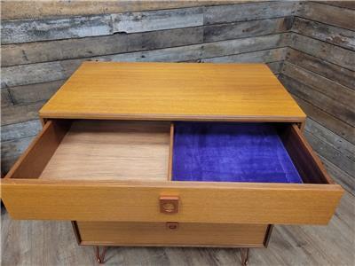 Mid Century Teak G Plan Form Five Chest Of Four Drawers Copper Hairpin Legs
