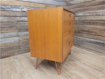 Mid Century Teak G Plan Form Five Chest Of Four Drawers Copper Hairpin Legs
