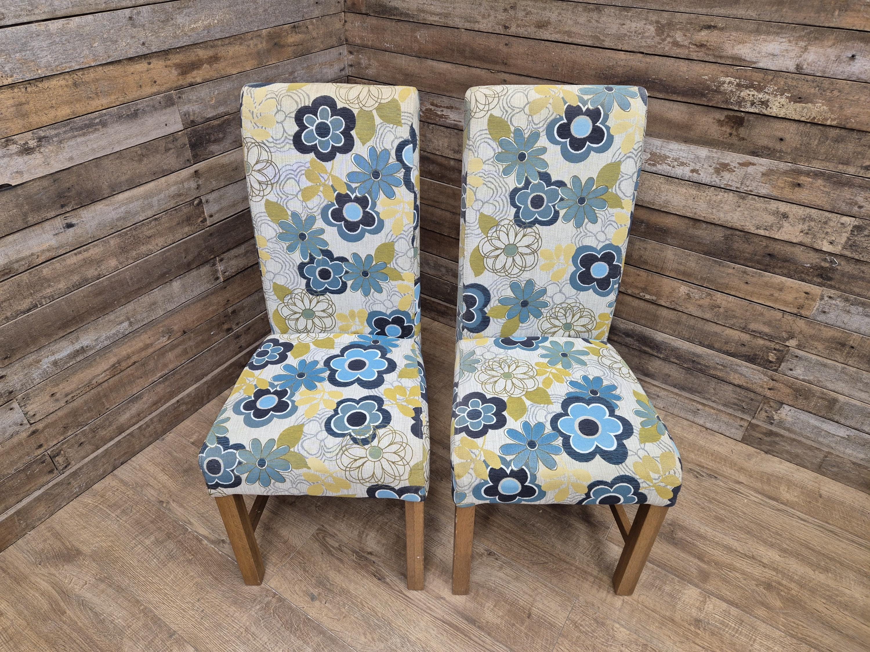 Pair Of Blonde Oak Country House Style Hall Bedroom Dining Chairs Floral Fabric