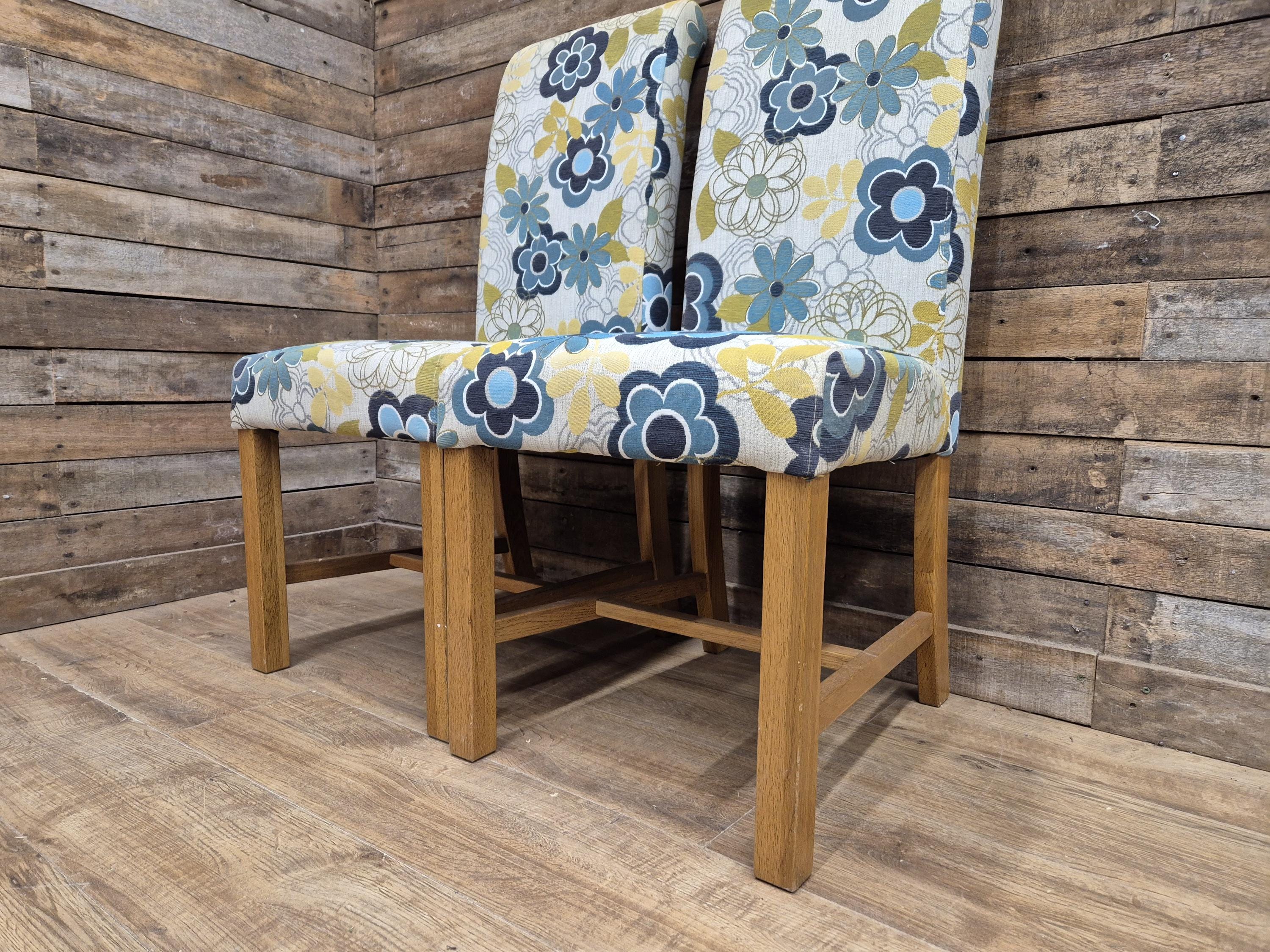 Pair Of Blonde Oak Country House Style Hall Bedroom Dining Chairs Floral Fabric