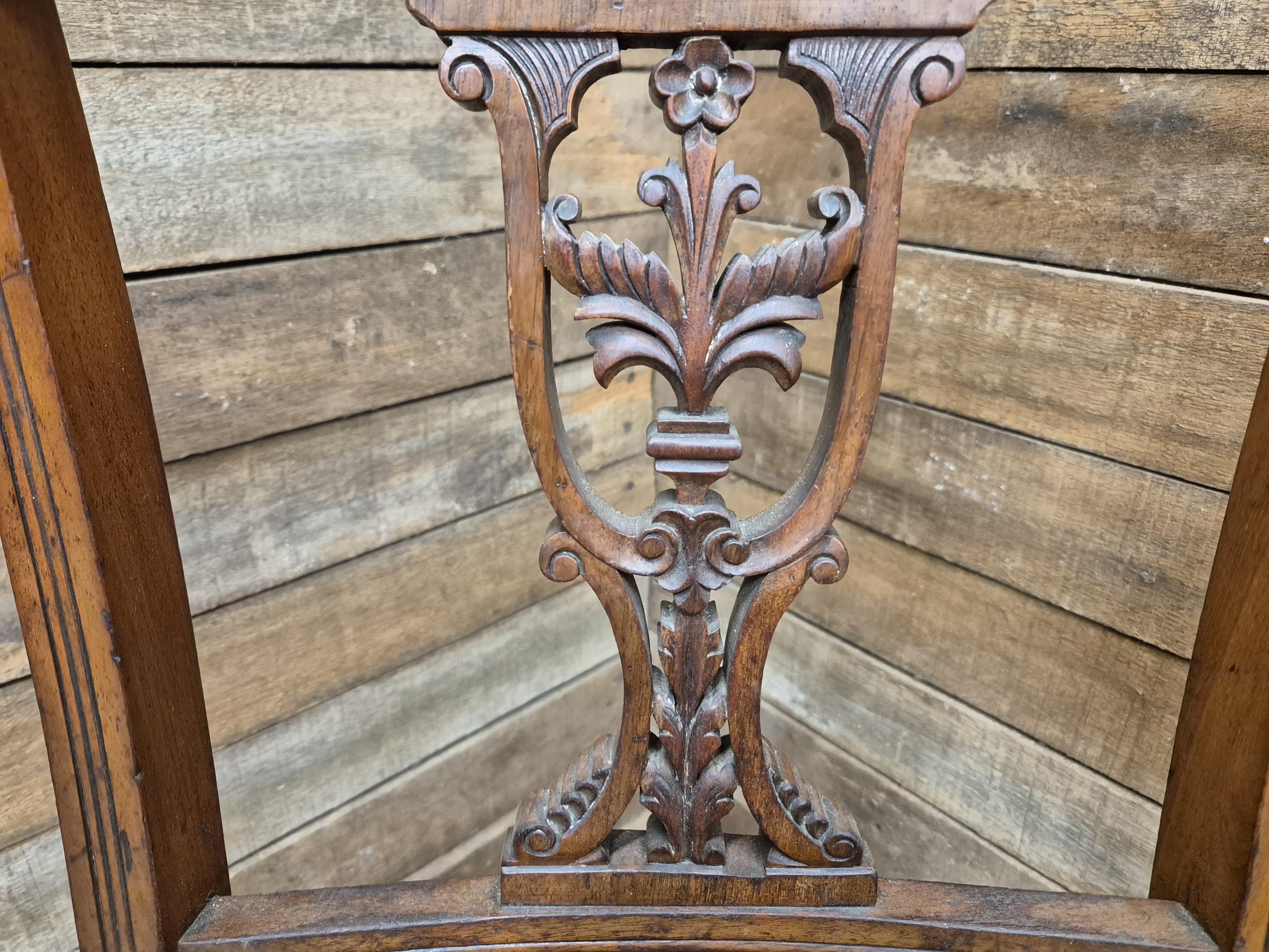Antique Mahogany Edwardian Hall or Bedroom Chairs Fret Backs Striped Seat