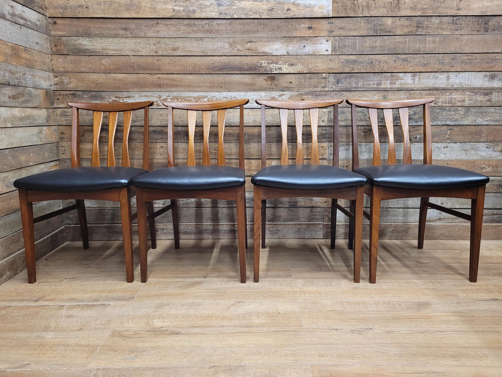 Four Danish Influenced Teak Ladder Back Mid Century Dining Chairs Black Vinyl