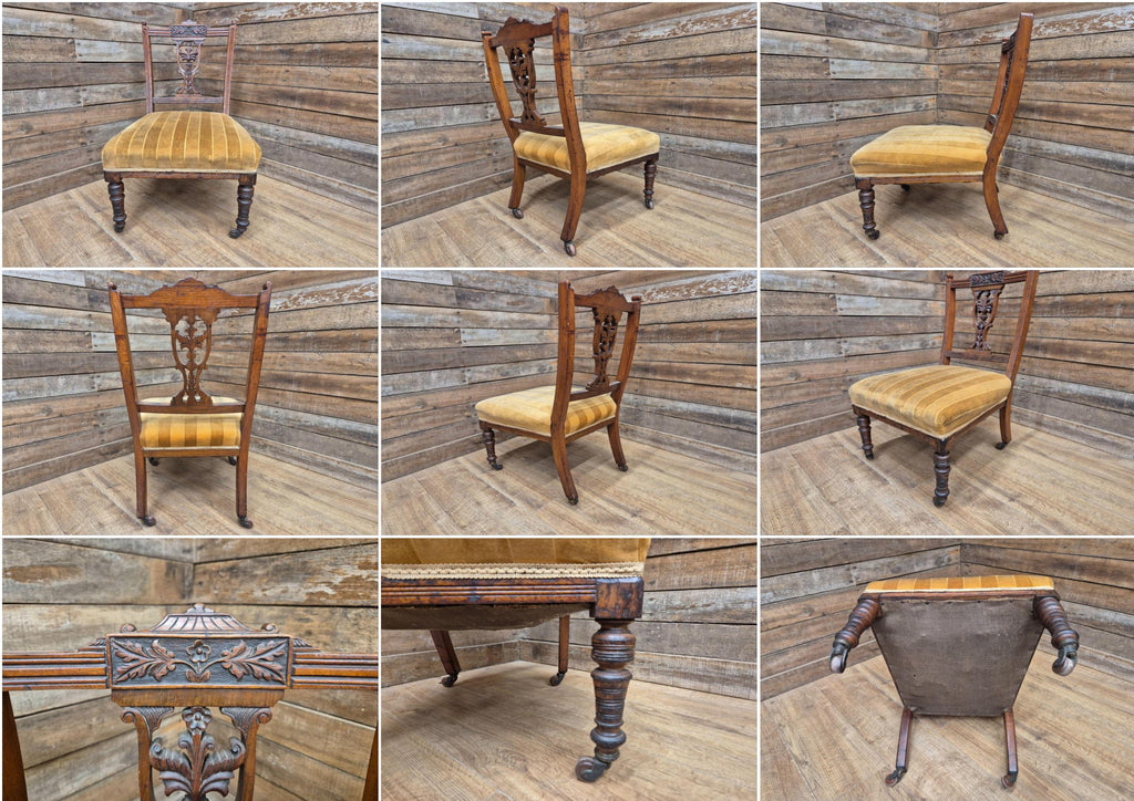 Antique Mahogany Edwardian Hall or Bedroom Chairs Fret Backs Striped Seat
