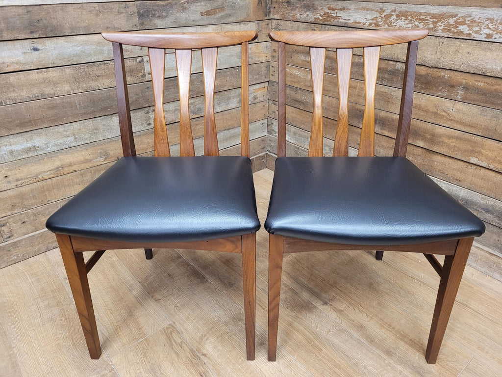 Four Danish Influenced Teak Ladder Back Mid Century Dining Chairs Black Vinyl