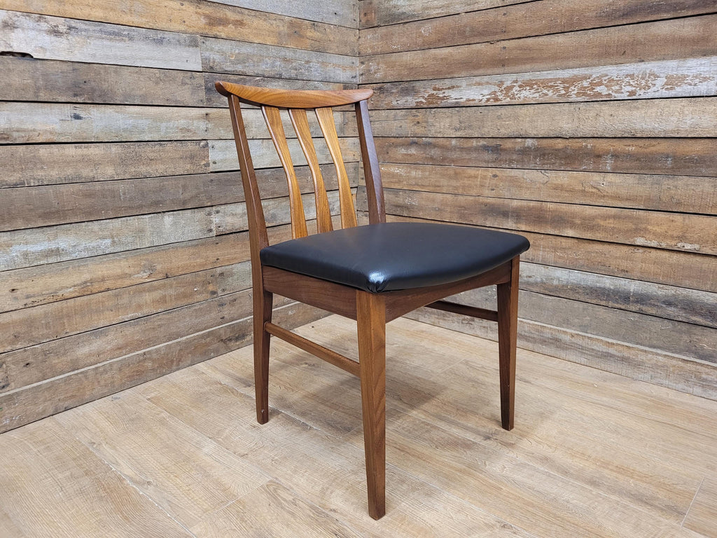Four Danish Influenced Teak Ladder Back Mid Century Dining Chairs Black Vinyl