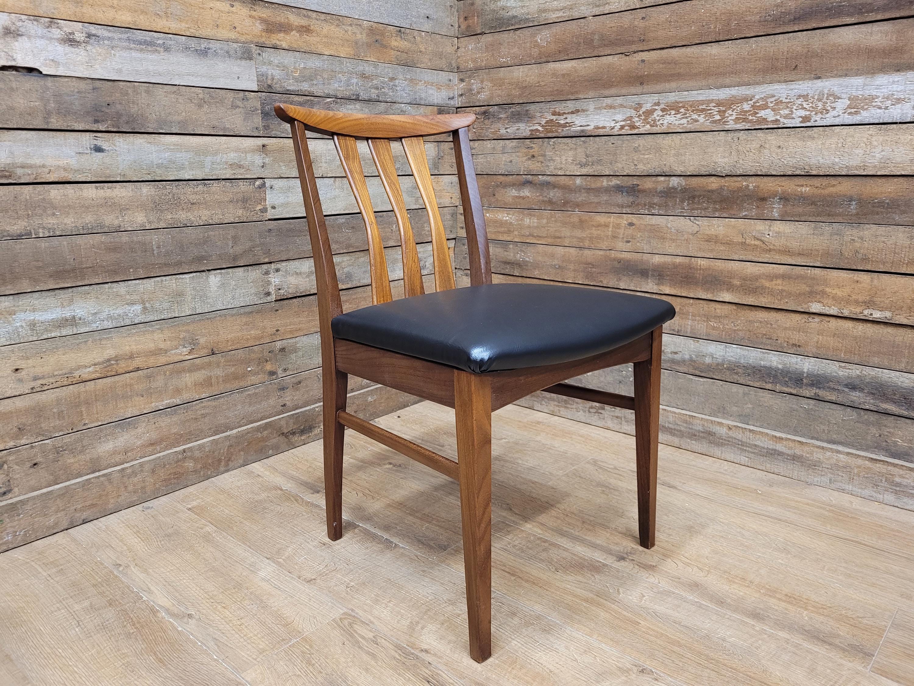 Four Danish Influenced Teak Ladder Back Mid Century Dining Chairs Black Vinyl
